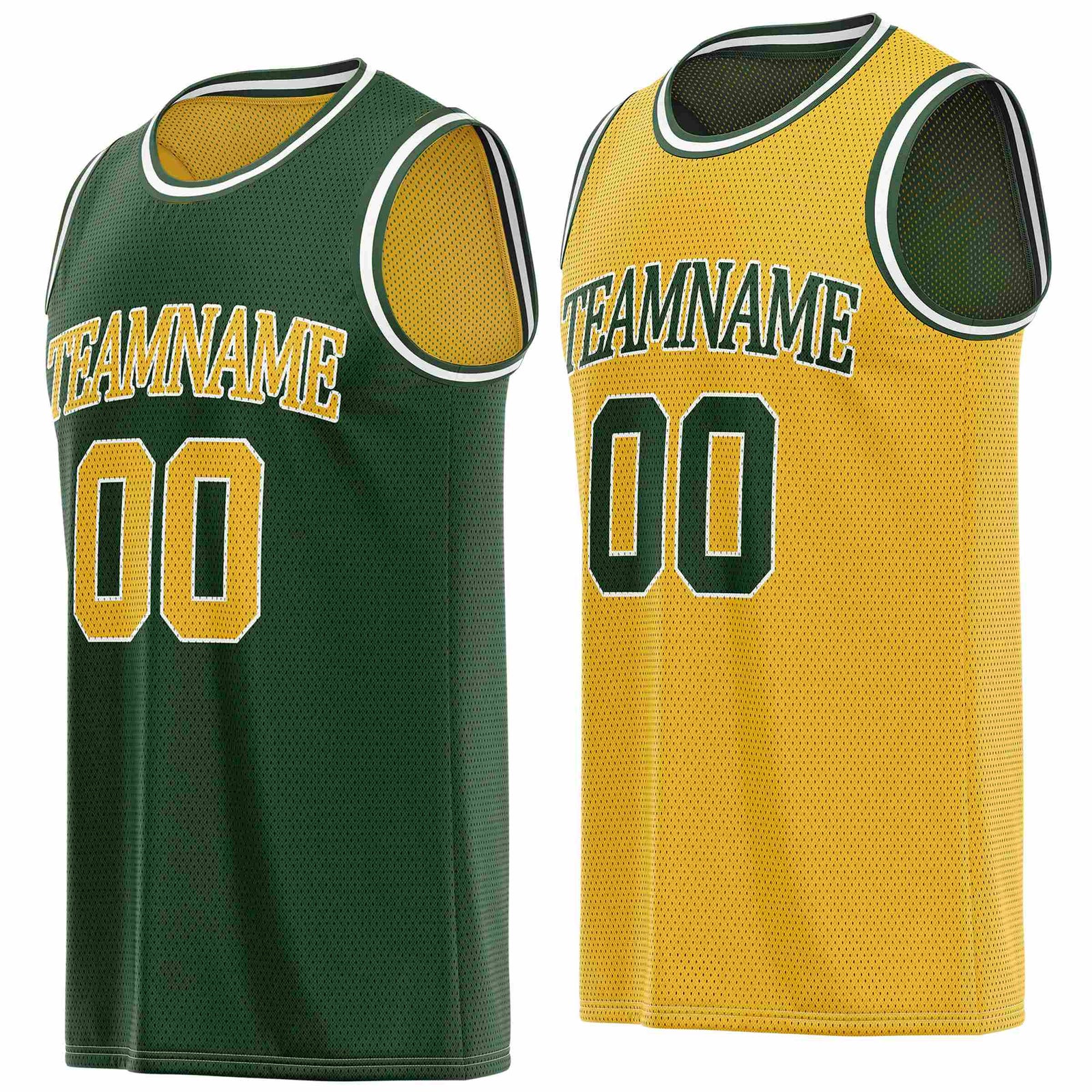 Custom reversible green & gold basketball jersey, personalized team name number logo breathable mesh sports top for men women youth game practice - Vosoli