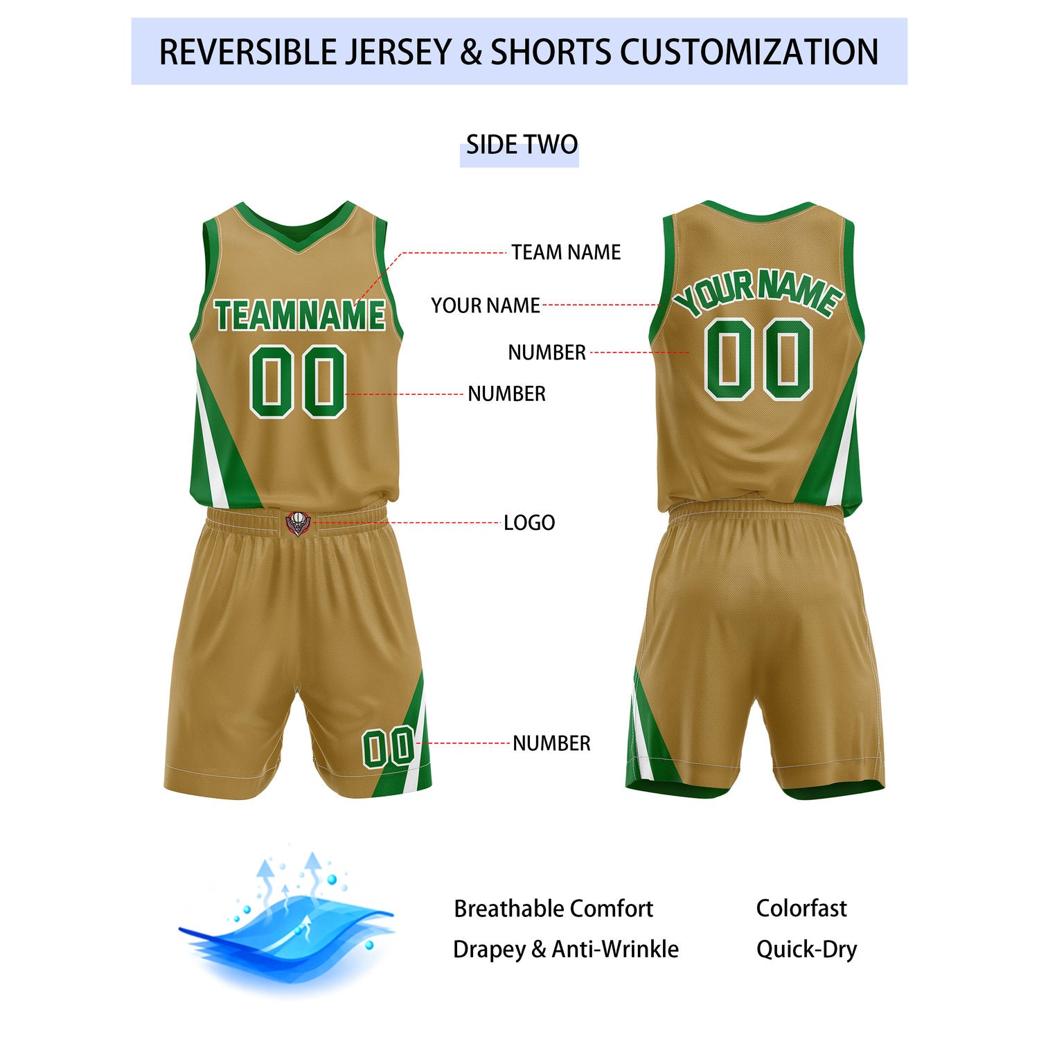 Custom Reversible Green Gold Basketball Uniform Set | Team & Player Name - Vosoli