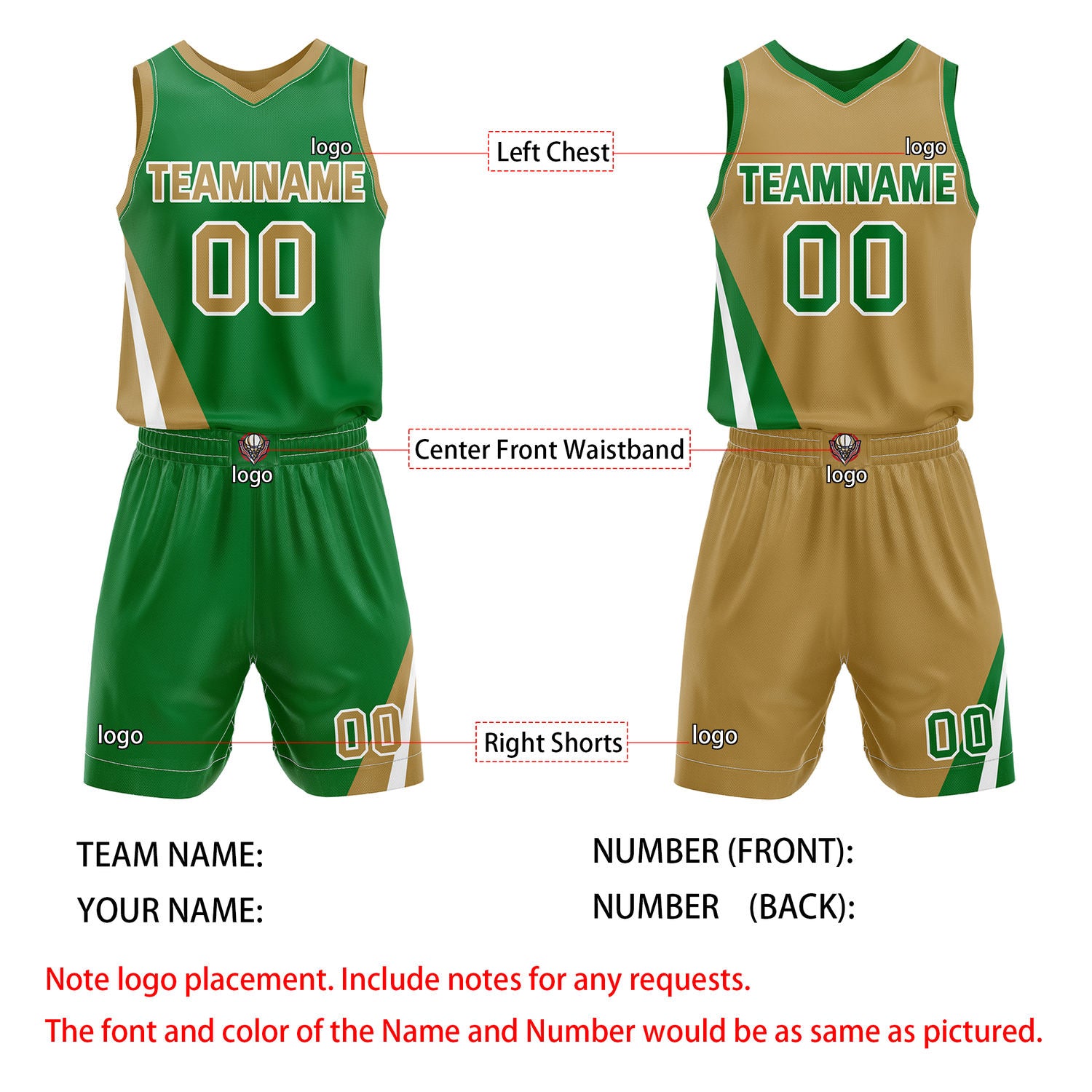 Custom Reversible Green Gold Basketball Uniform Set | Team & Player Name - Vosoli