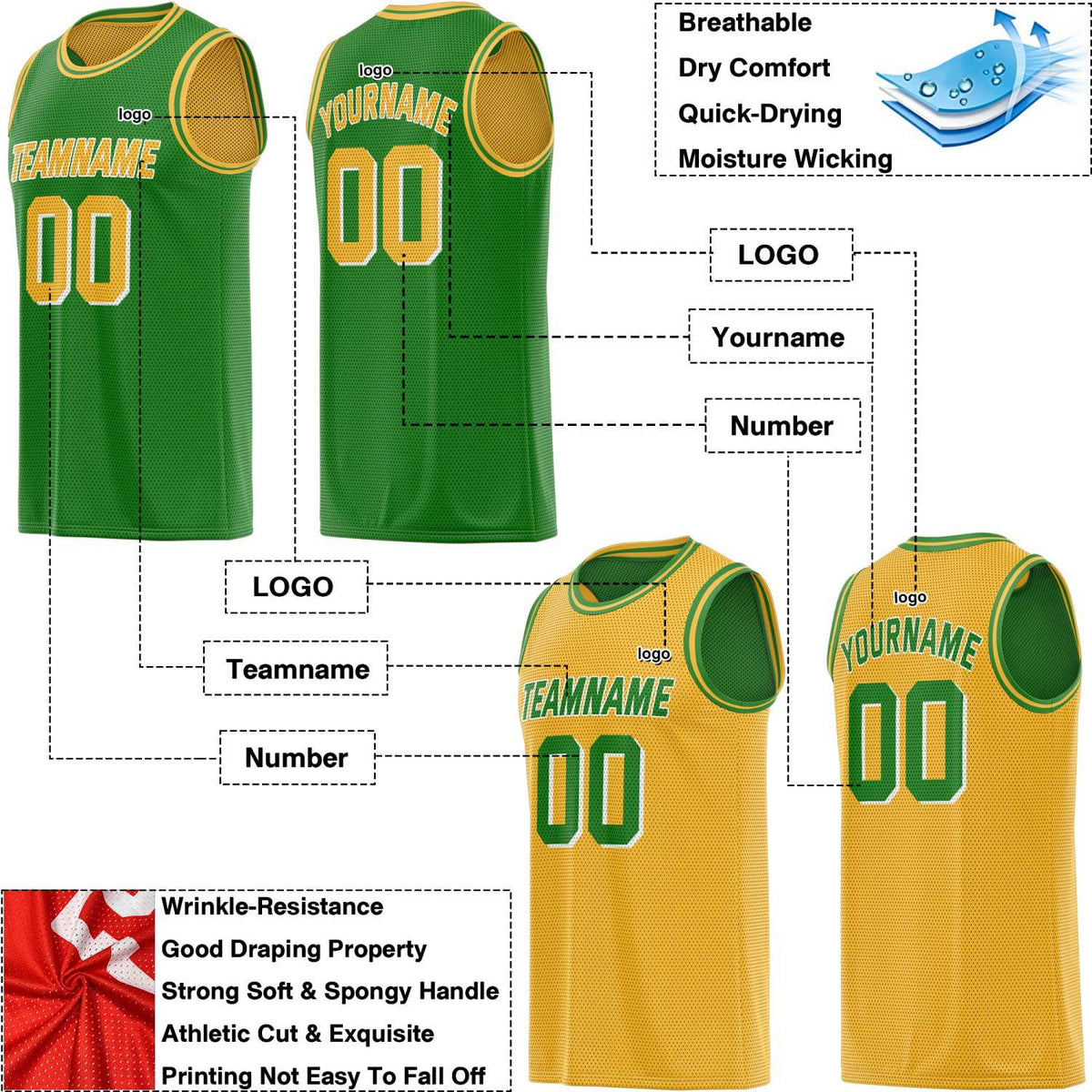 Custom Reversible Green & Gold Mesh Basketball Jersey | Personalized Team Jersey | Vosoli