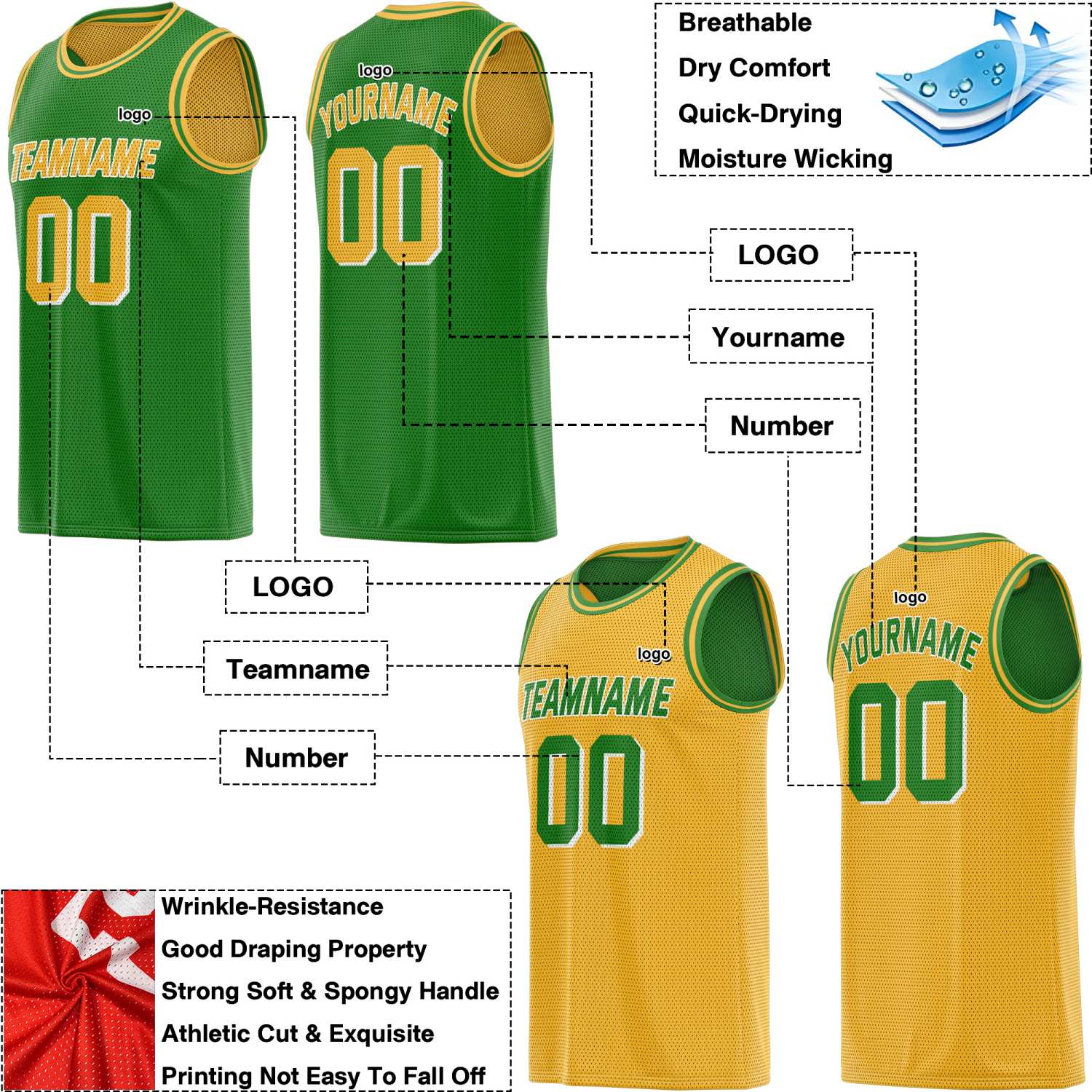 Custom reversible green gold basketball jersey, personalized team name number Logo breathable Mesh sports top for men women youth game practice - Vosoli