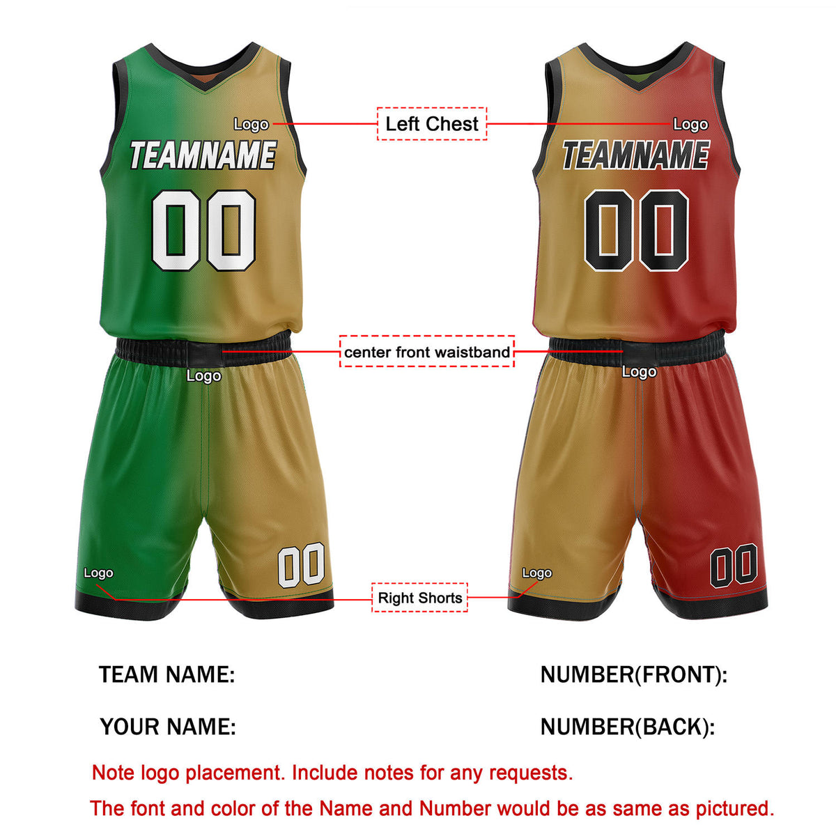 Custom Reversible Green Gold Red Basketball Uniform Set | Team & Player Name - Vosoli