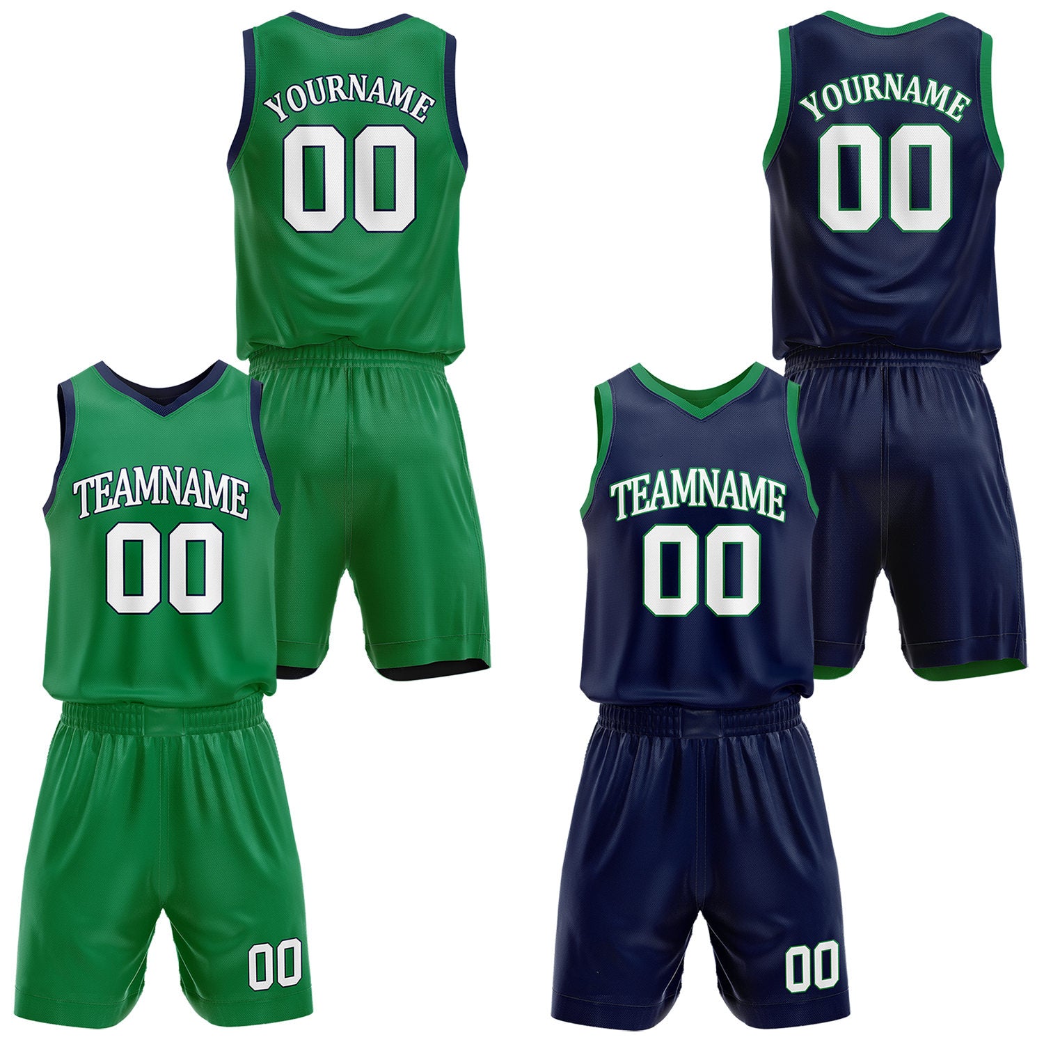 Custom reversible green & navy blue basketball uniform set, personalized with team name number and logo, sports jersey and shorts for men women youth game practice - Vosoli