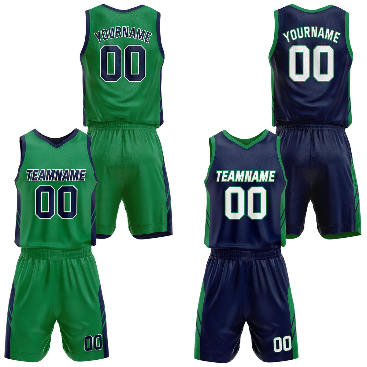 Custom Reversible Green Navy Basketball Jersey and Shorts Set, Personalized Team Name Number Breathable Mesh Uniform for Men Women Youth