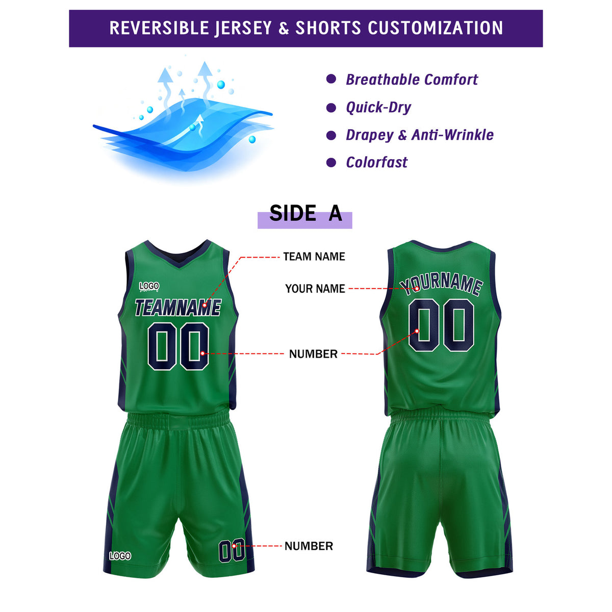 Custom Green Navy Basketball Uniforms for Youth & Adults - Reversible Jersey Set - Vosoli