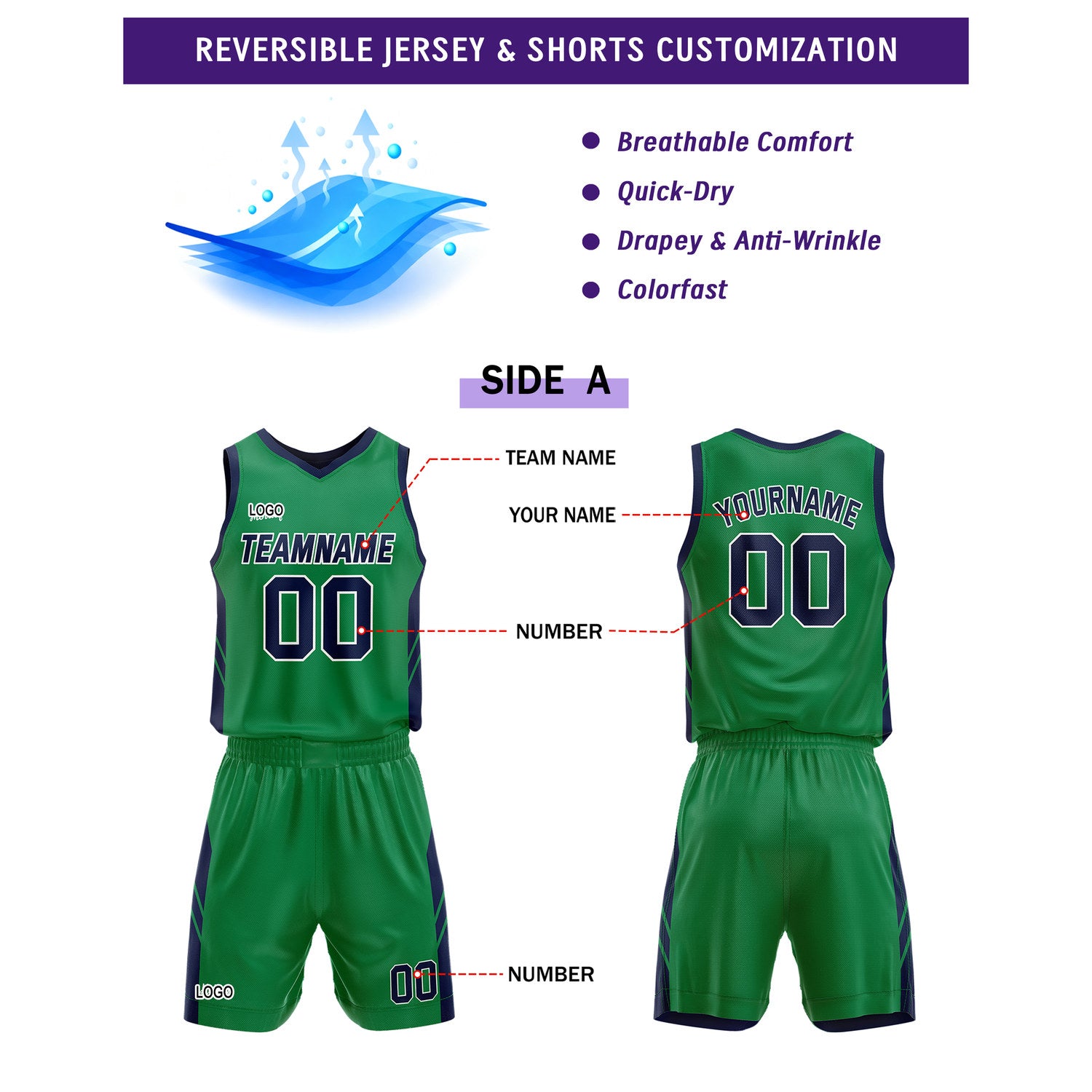 Custom Reversible Green Navy Basketball Jersey and Shorts Set, Personalized Team Name Number Breathable Mesh Uniform for Men Women Youth