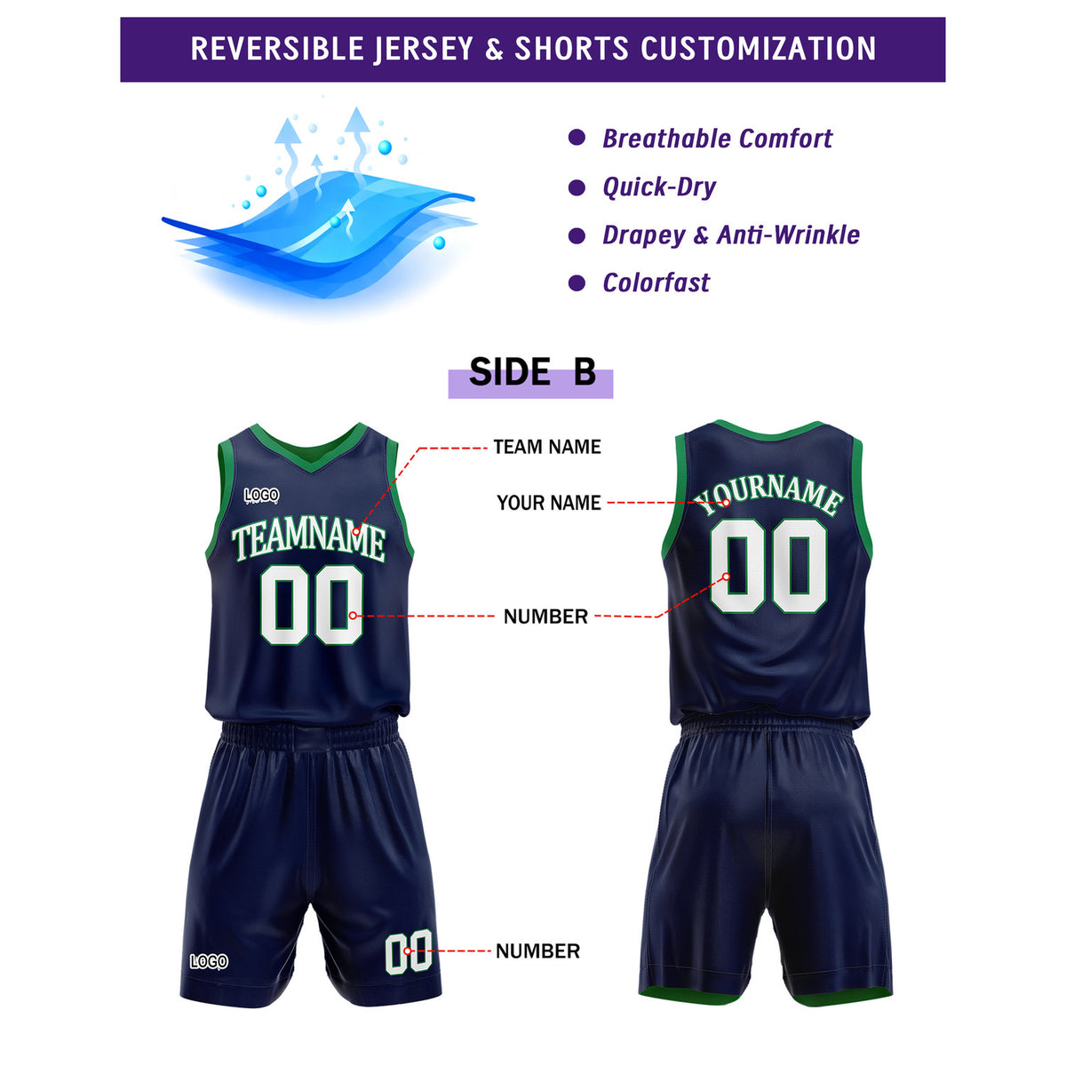 Custom Reversible Green Navy Basketball Uniform Set | Team Name & Number - Vosoli