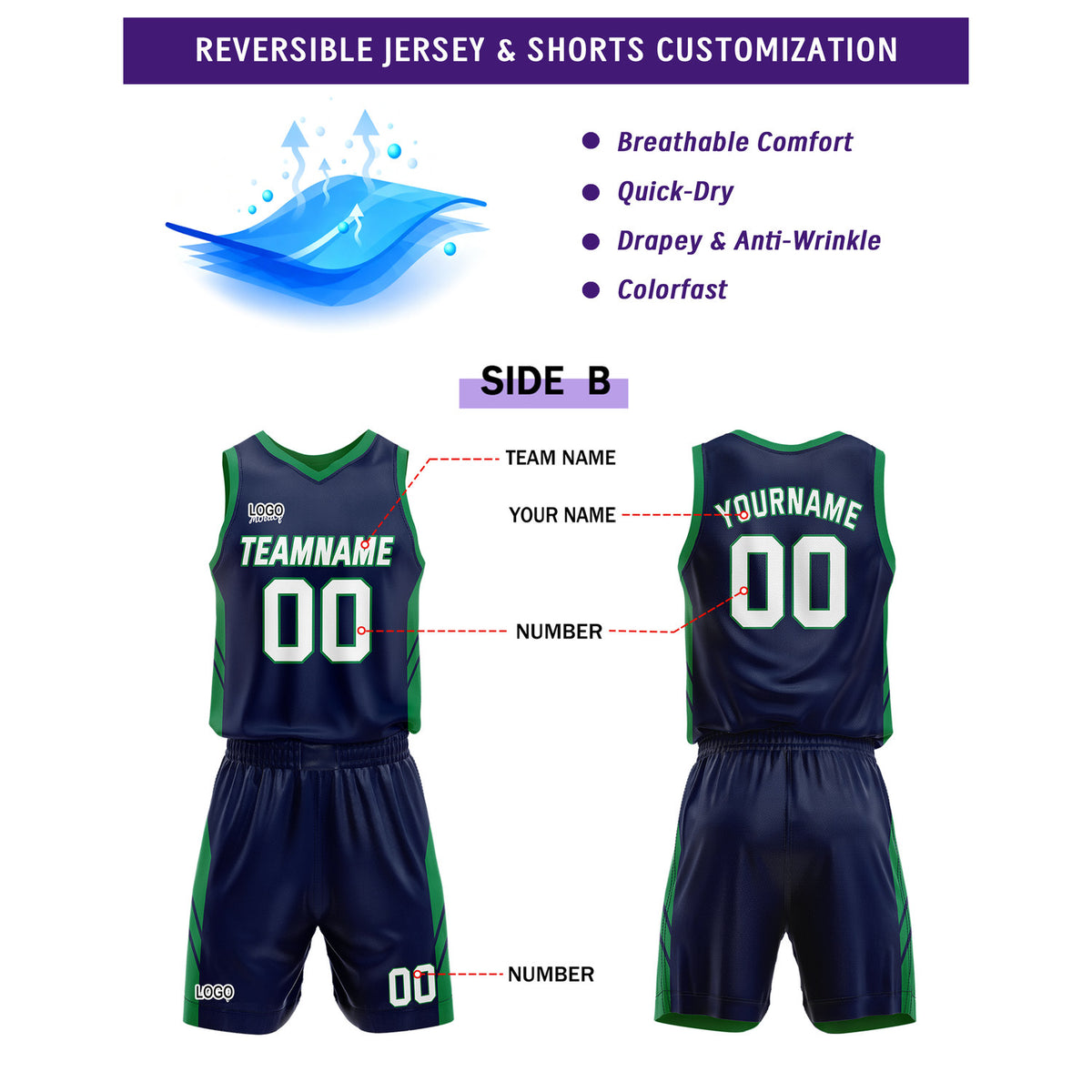 Custom Green Navy Basketball Uniforms for Youth & Adults - Reversible Jersey Set - Vosoli