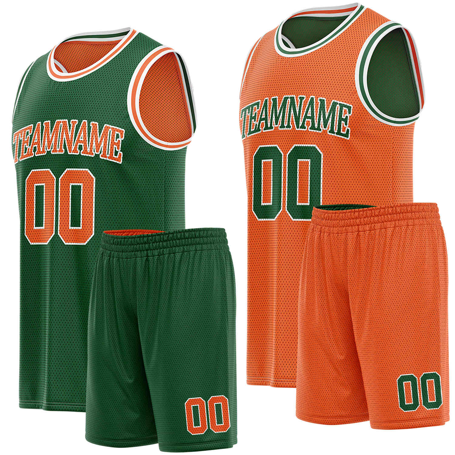 Custom reversible green & orange basketball uniform set, personalized team name number logo breathable mesh sports jersey and shorts for men women youth game practice - Vosoli