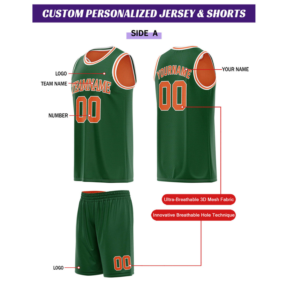 Custom Reversible Green & Orange Basketball Uniform Set | Personalized for Team Sports Practice - Vosoli