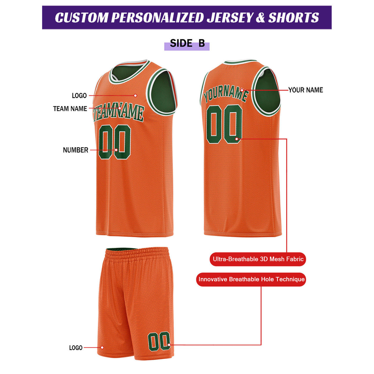 Custom Reversible Green & Orange Basketball Uniform Set | Personalized for Team Sports Practice - Vosoli