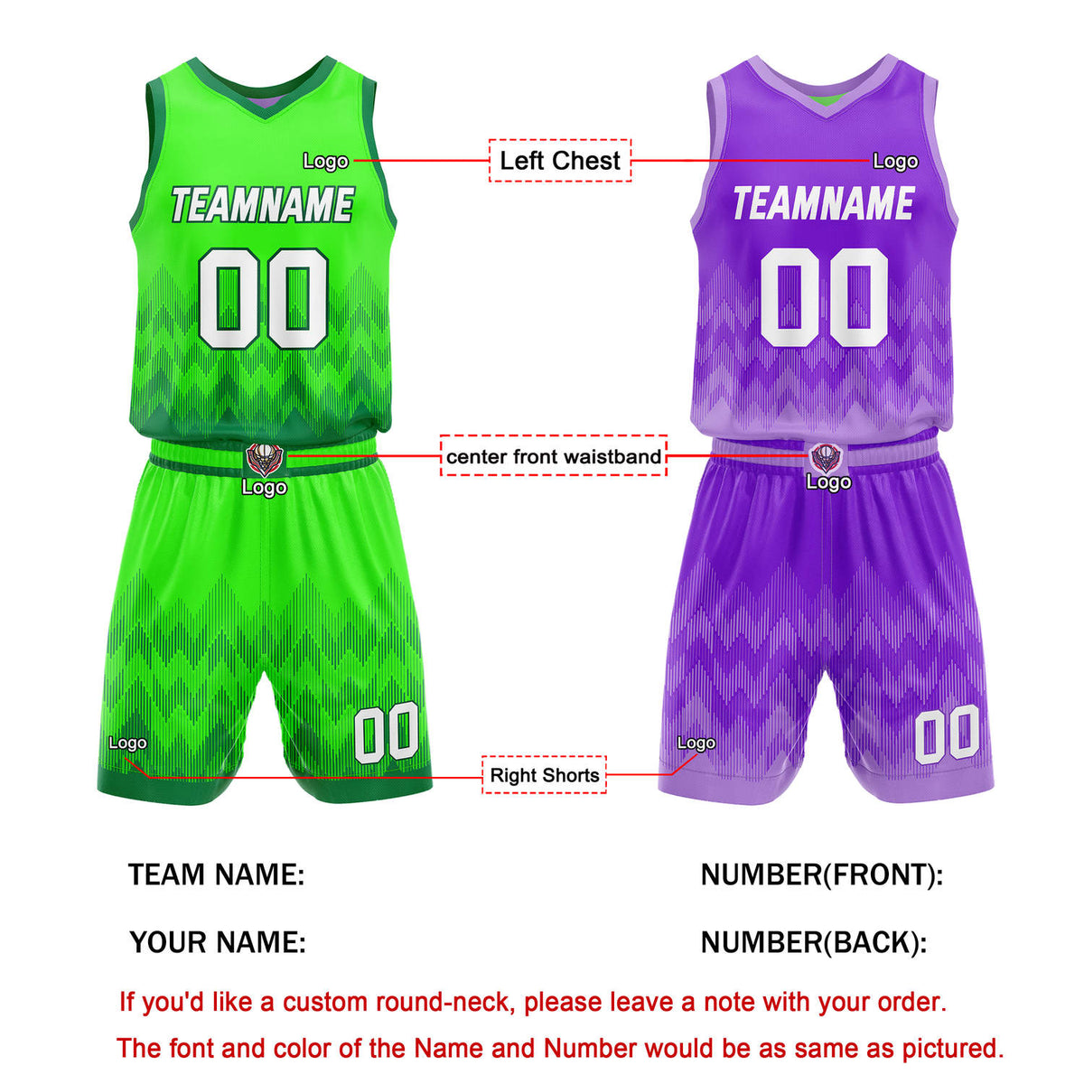 Custom Reversible Basketball Jersey + Shorts Set (Green Purple Gradient Zigzag) - Personalized Team Name, Number & LOGO | Vosoli