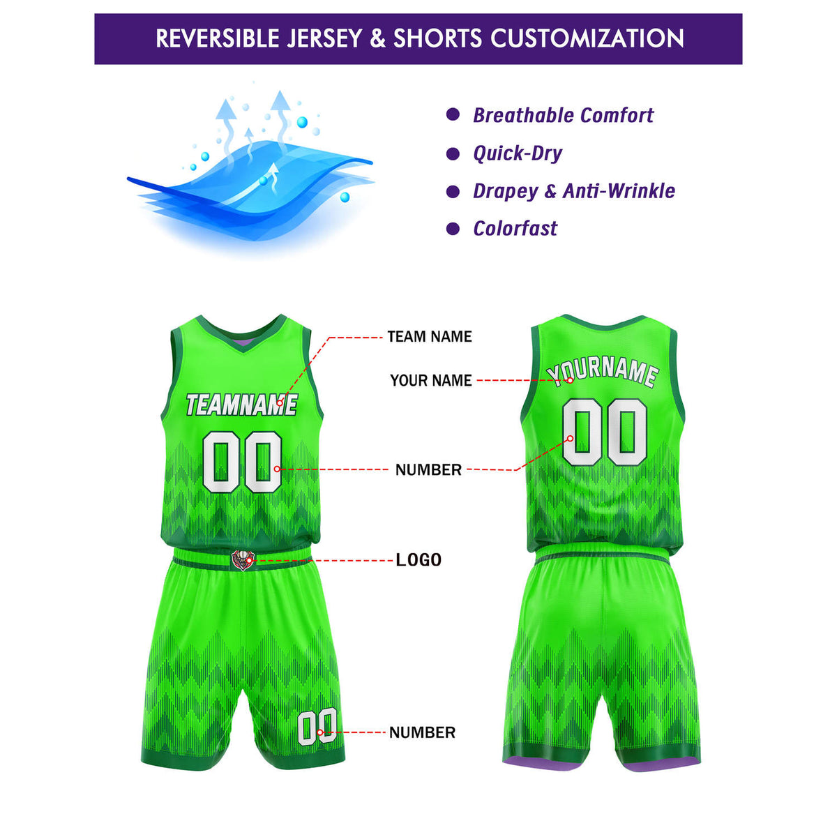 Custom Reversible Basketball Jersey + Shorts Set (Green Purple Gradient Zigzag) - Personalized Team Name, Number & LOGO | Vosoli