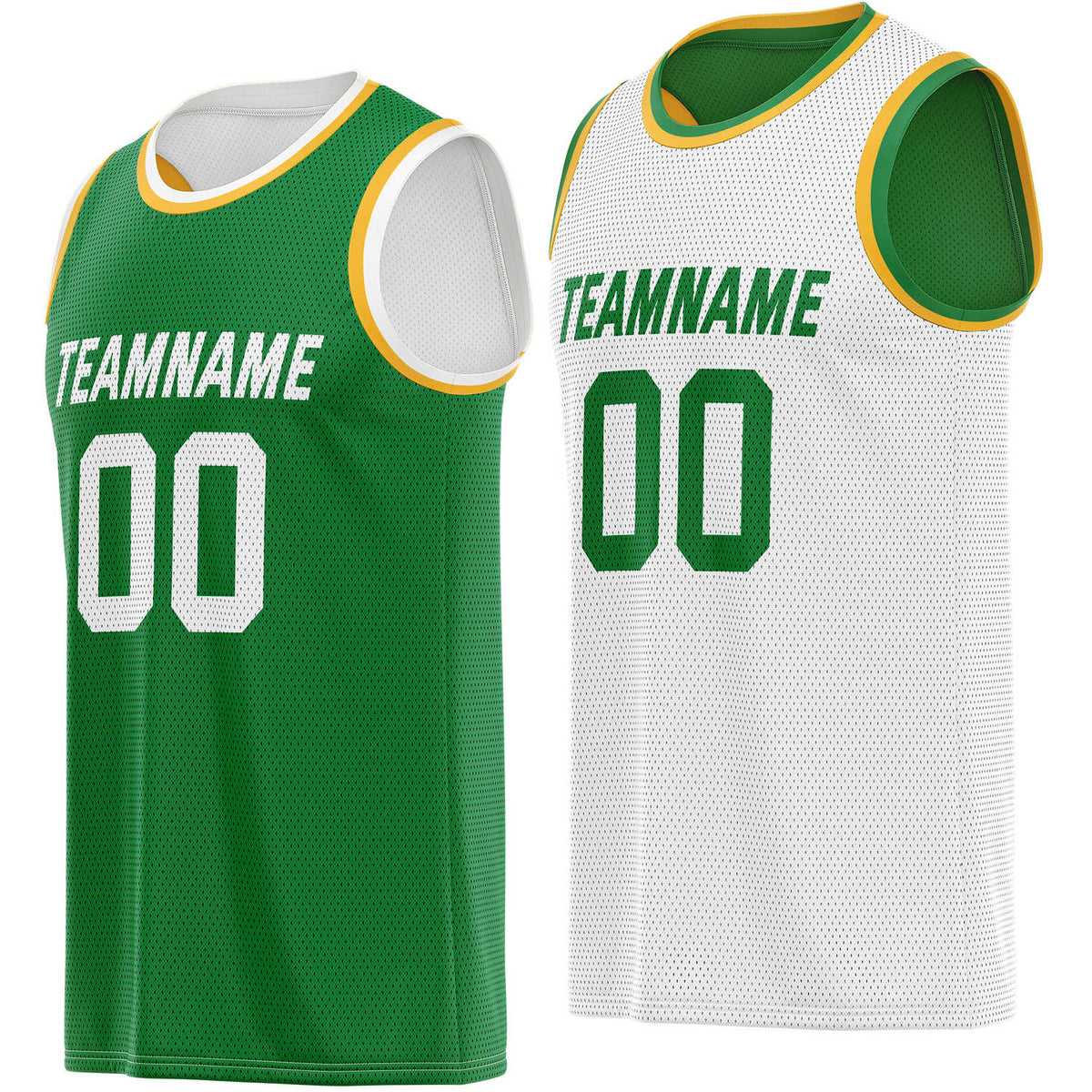 Custom reversible green white accented basketball jersey, personalized team name number Logo breathable Mesh sports top for men women youth game practice - Vosoli
