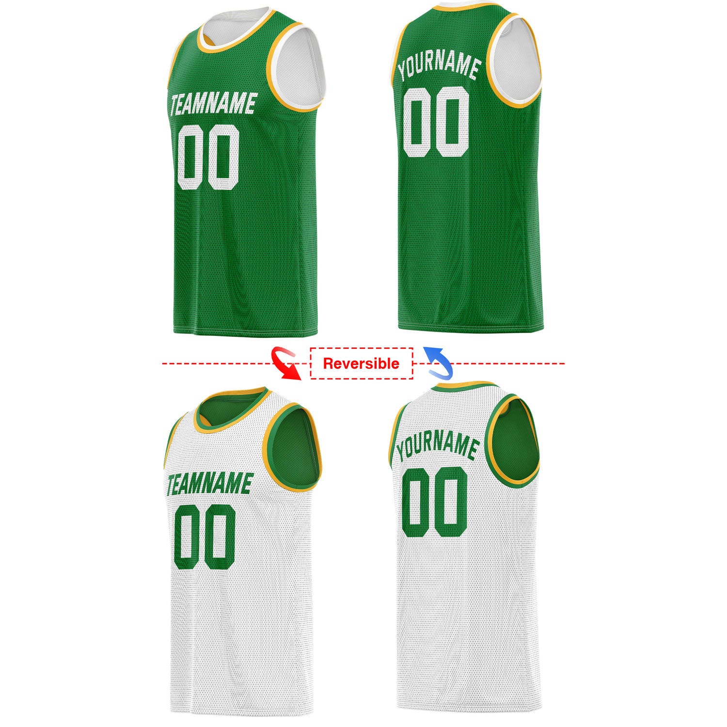 Custom reversible green white accented basketball jersey, personalized team name number Logo breathable Mesh sports top for men women youth game practice - Vosoli
