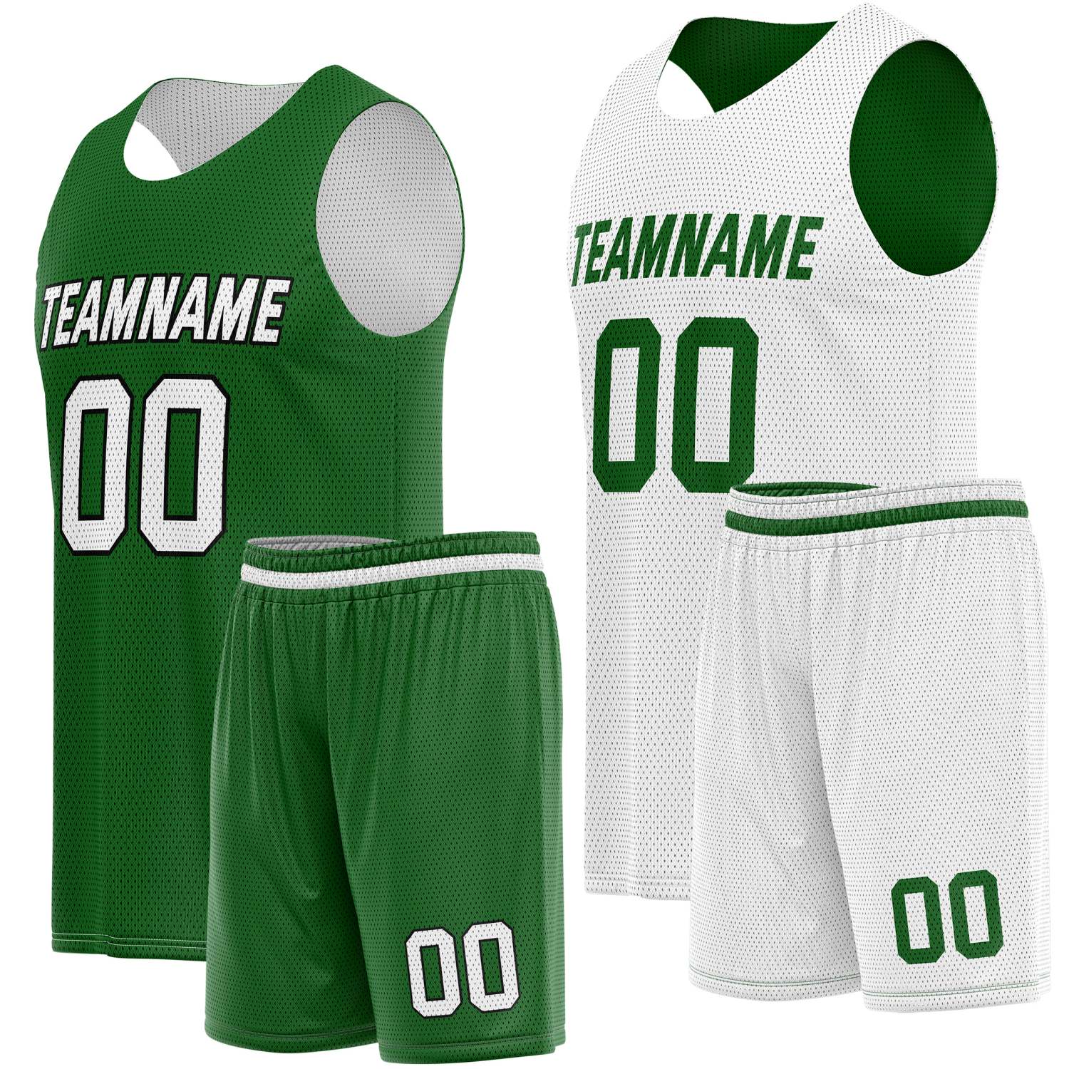 Custom Reversible Green White Basketball Jersey Shorts Set, Personalized Team Name Number Breathable Mesh Uniform for Men Women Youth