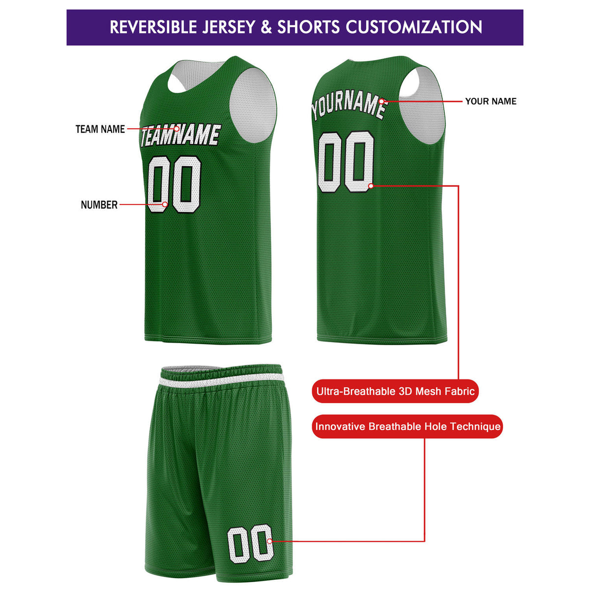 Custom Reversible Green White Basketball Jersey & Shorts Set | Personalized Team Kit | Vosoli