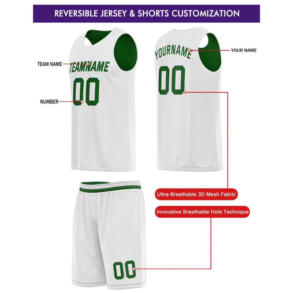 Custom Reversible Green White Basketball Jersey & Shorts Set | Personalized Team Kit | Vosoli