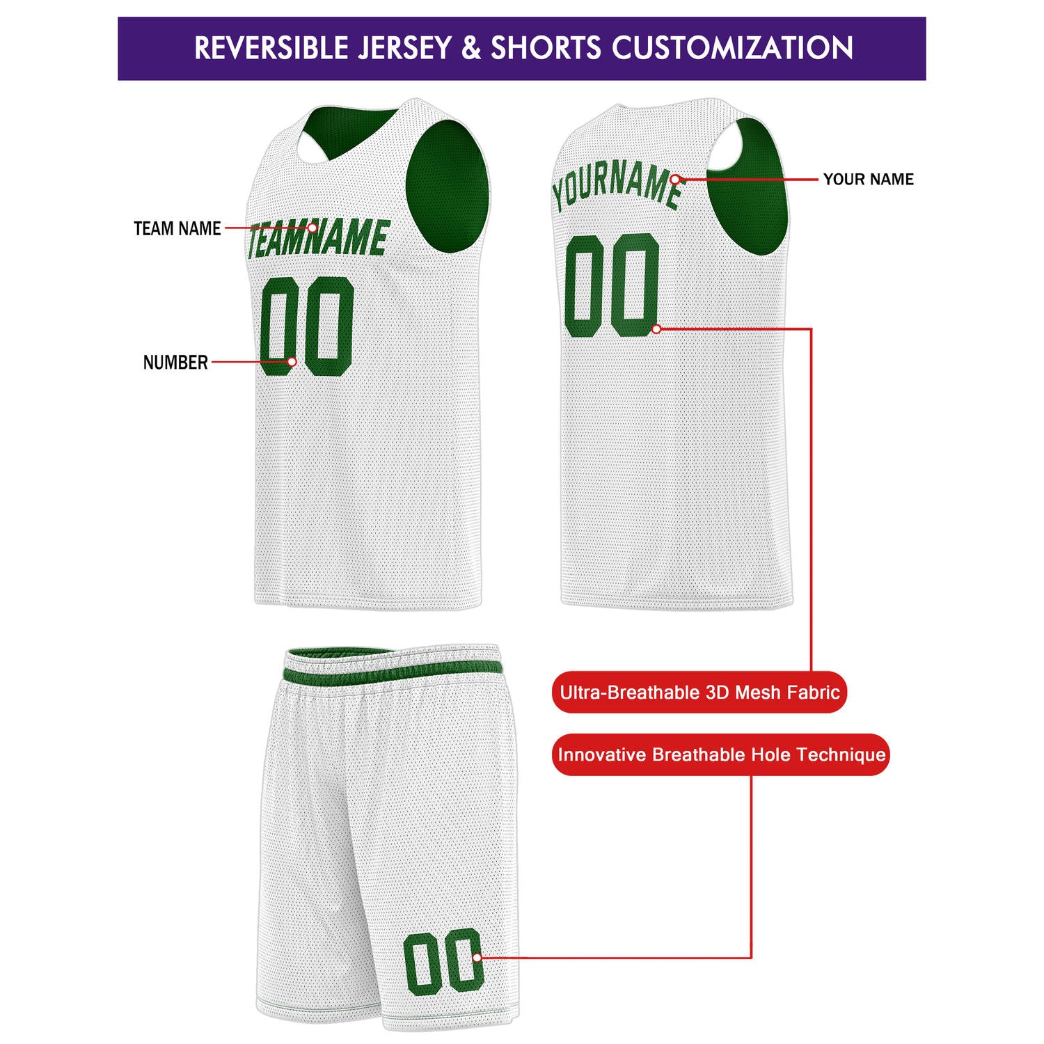 Custom Reversible Green White Basketball Jersey & Shorts Set | Personalized Team Kit | Vosoli