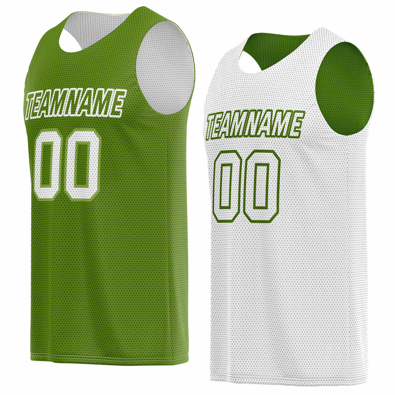 Custom reversible green & white basketball jersey, personalized team name number logo breathable mesh sports top for men women youth game practice wear - Vosoli