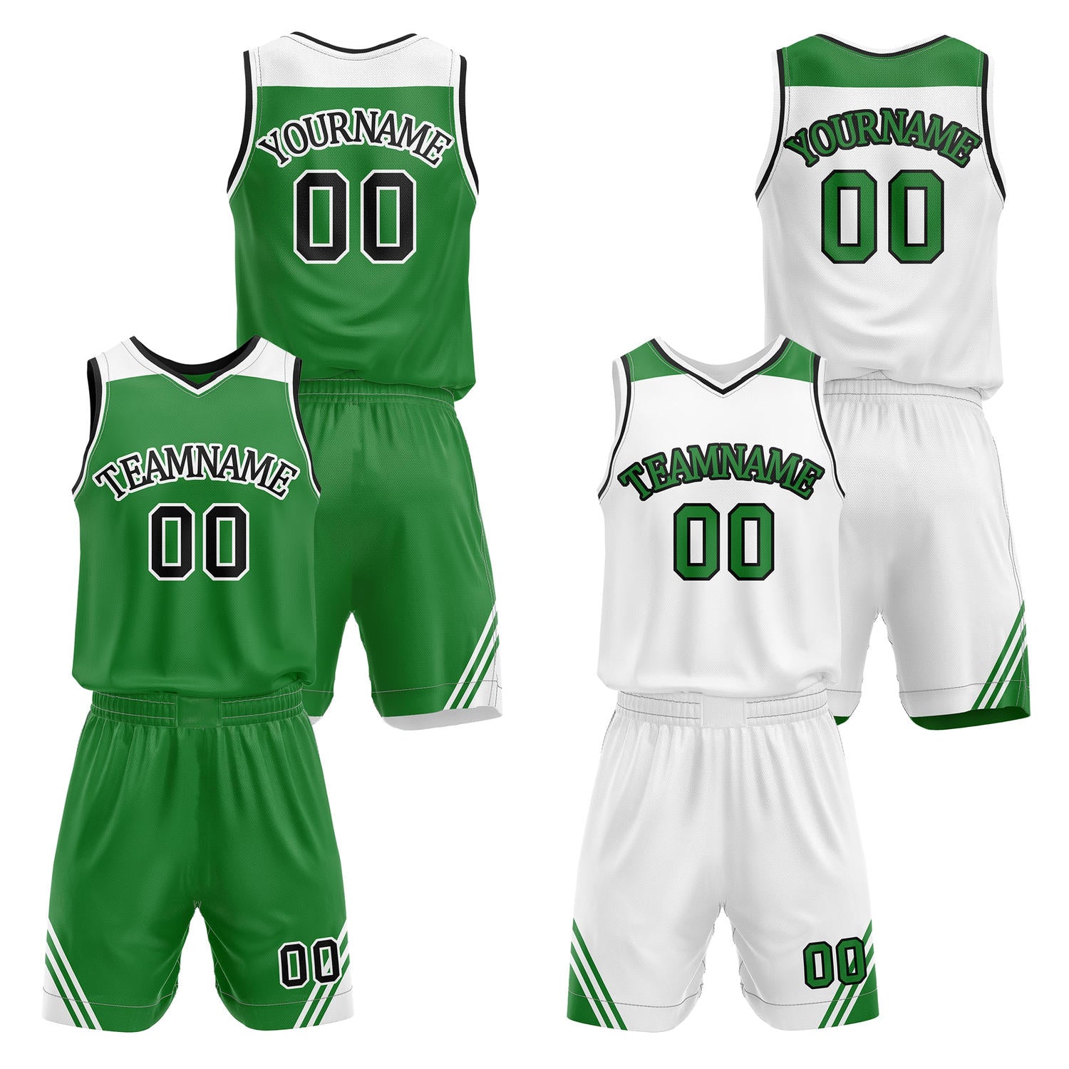 Custom reversible green & white basketball uniform set, personalized with team name number and logo, breathable mesh fabric for men women youth game practice - Vosoli
