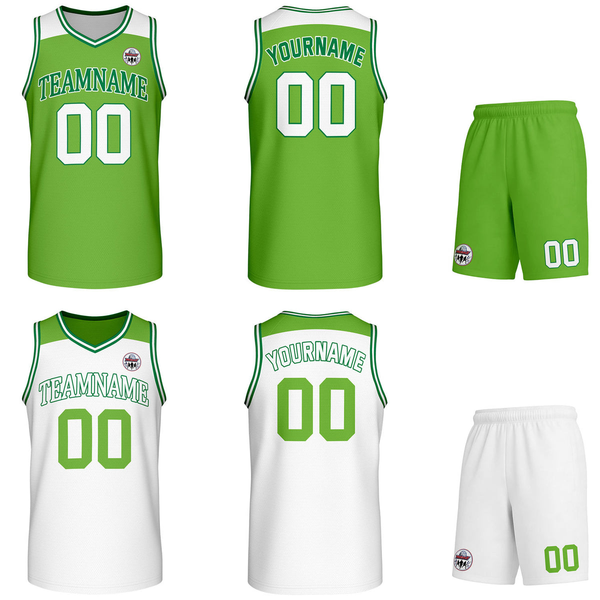 Custom reversible green &amp; white basketball uniform set, personalized with team name number and logo, breathable mesh fabric for men women youth game practice - Vosoli
