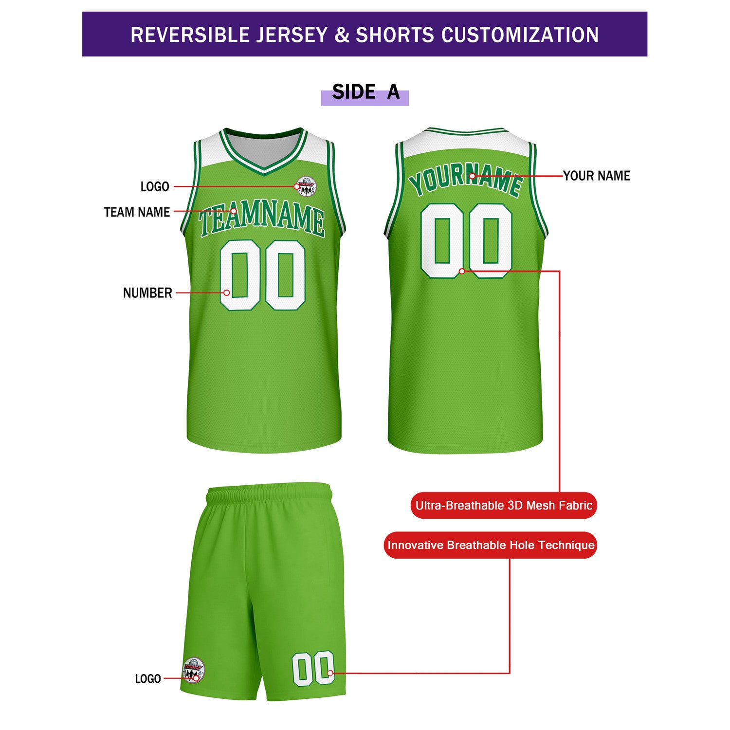 Custom Reversible Green White Basketball Uniform Set | Team Name & Number - Vosoli