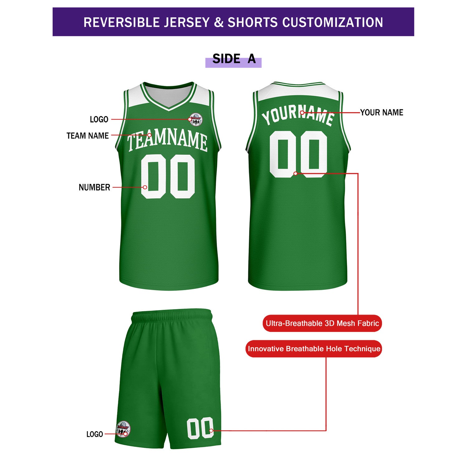 Custom Reversible Green White Basketball Uniform Set | Team Name & Number - Vosoli