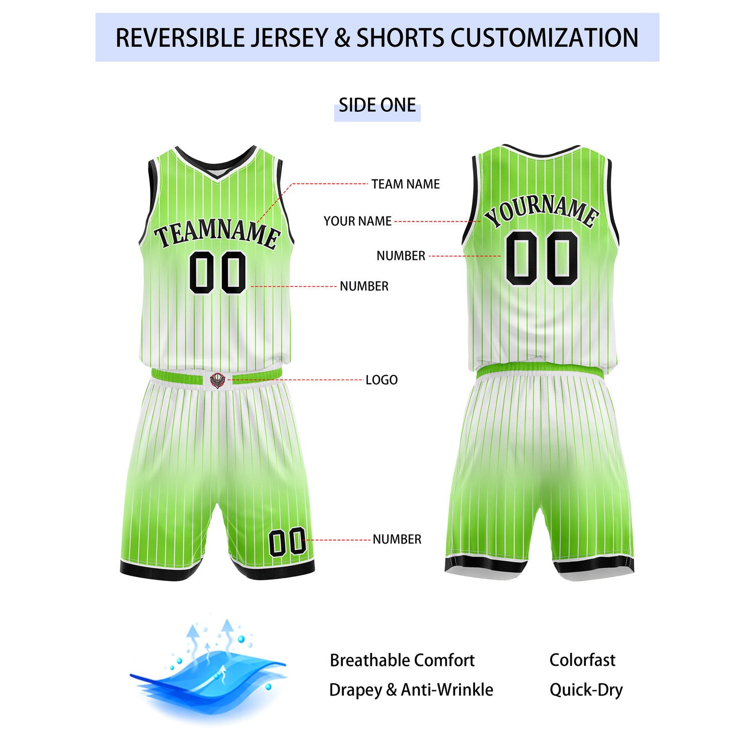 Custom Reversible Green White Gradient Striped Basketball Uniform Set | Team & Player Name - Vosoli