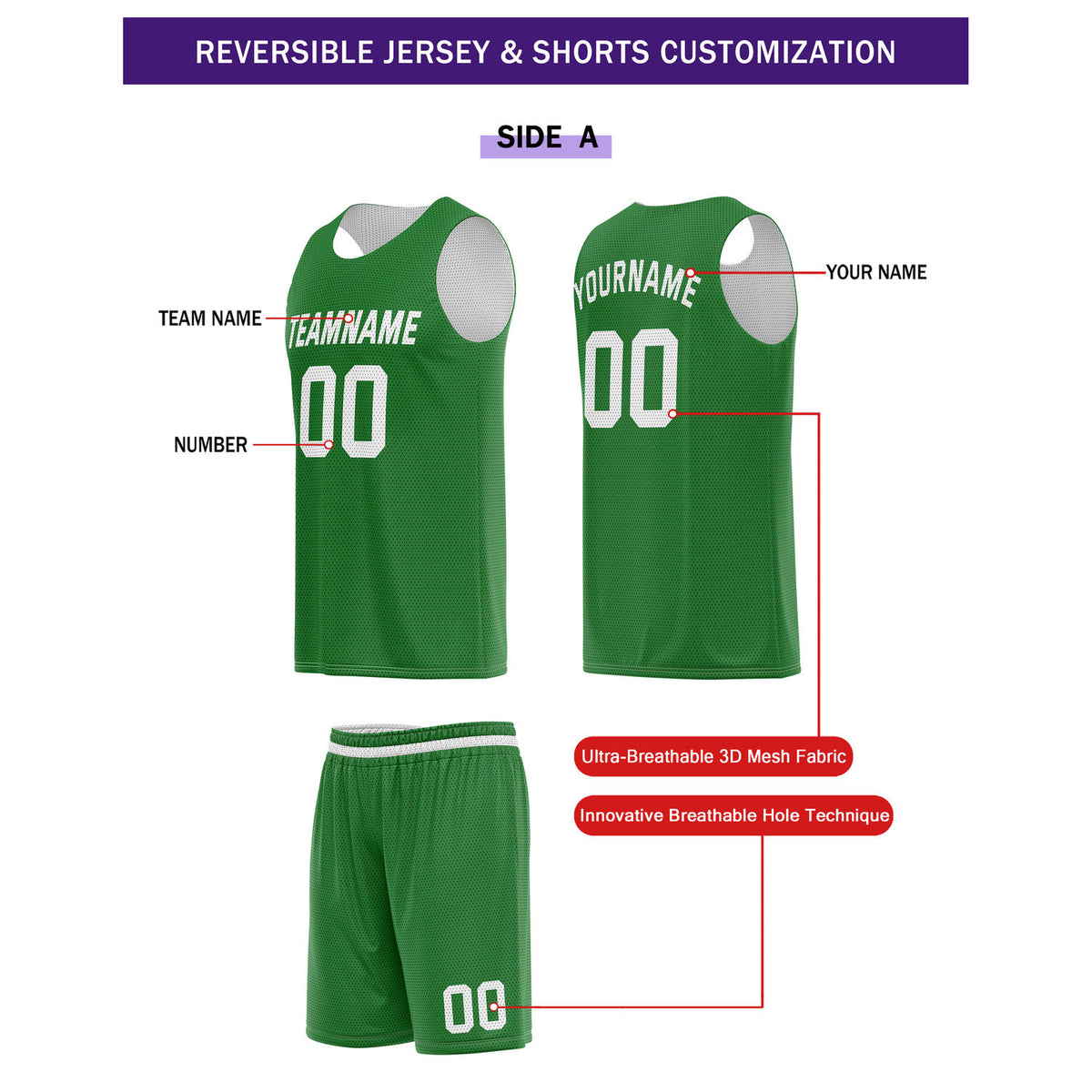 Custom Reversible Green White Basketball Uniform Set | Team Name & Number - Vosoli