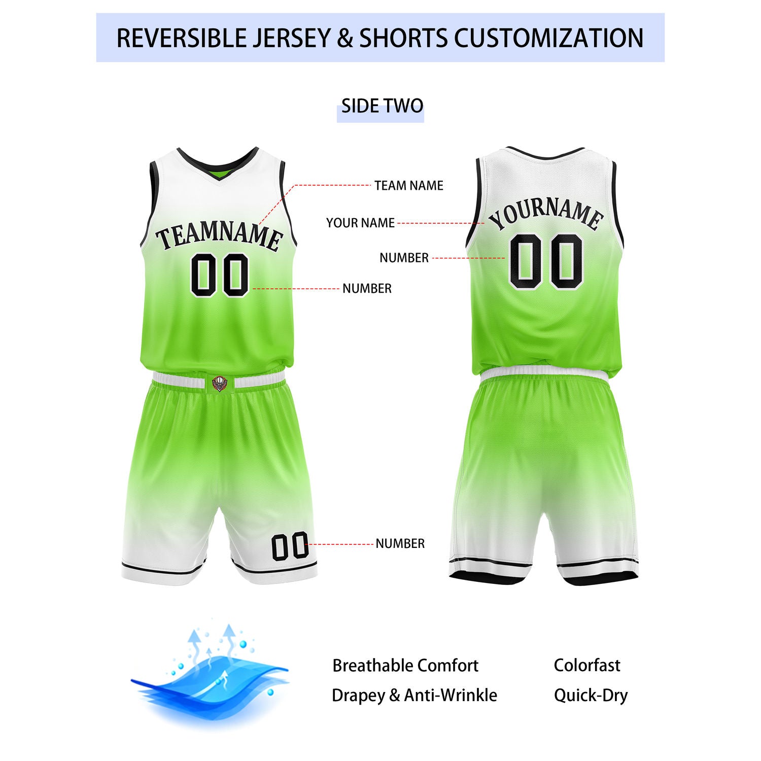 Custom Reversible Green White Gradient Striped Basketball Uniform Set | Team & Player Name - Vosoli
