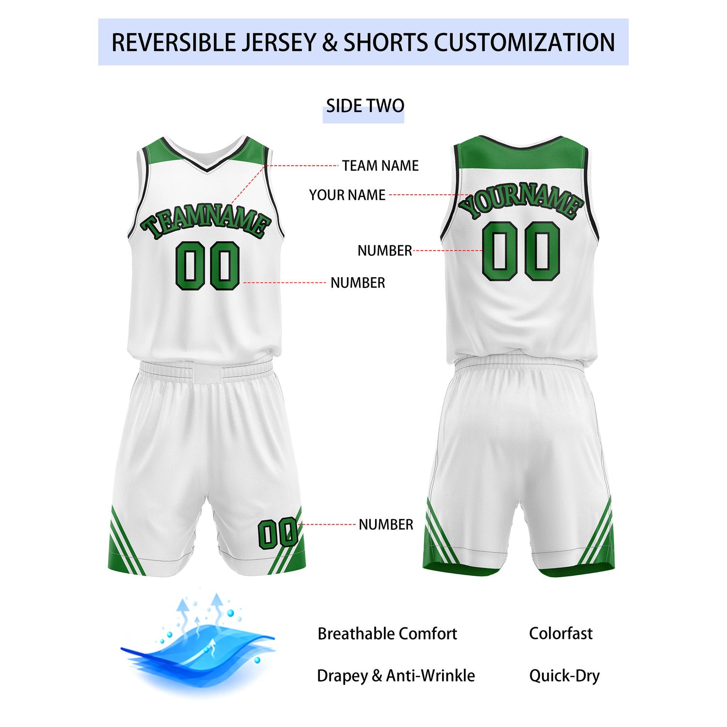 Custom Reversible Green White Basketball Uniform Set | Team Name & Number - Vosoli