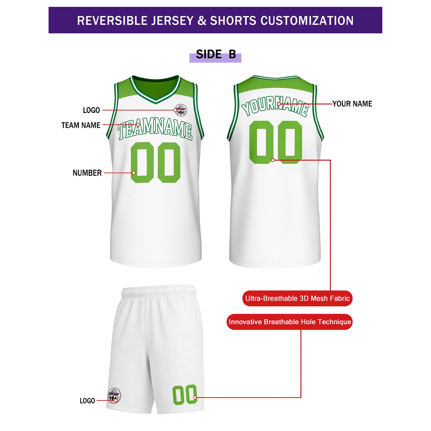 Custom Reversible Green White Basketball Uniform Set | Team Name & Number - Vosoli