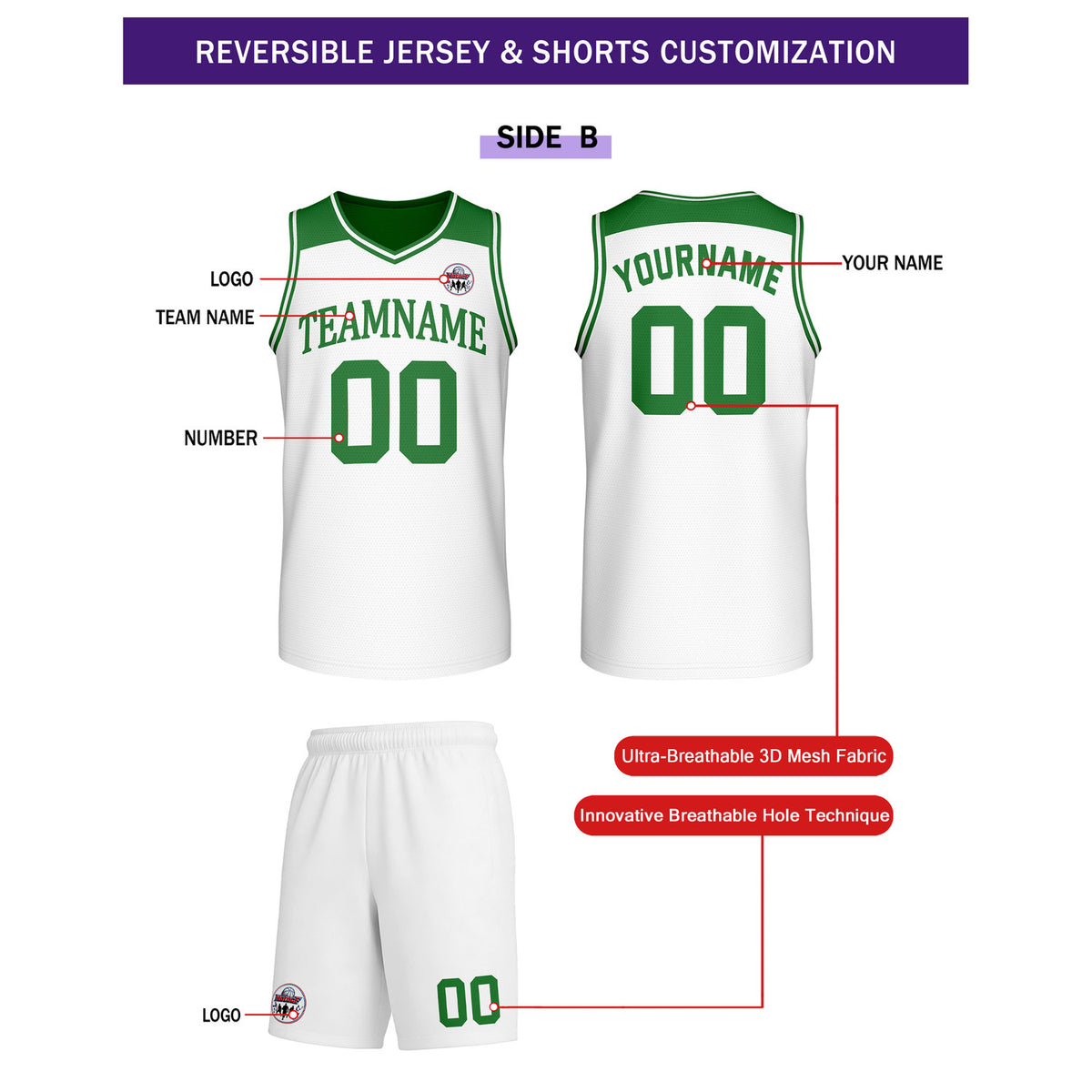 Custom Reversible Green White Basketball Uniform Set | Team Name & Number - Vosoli