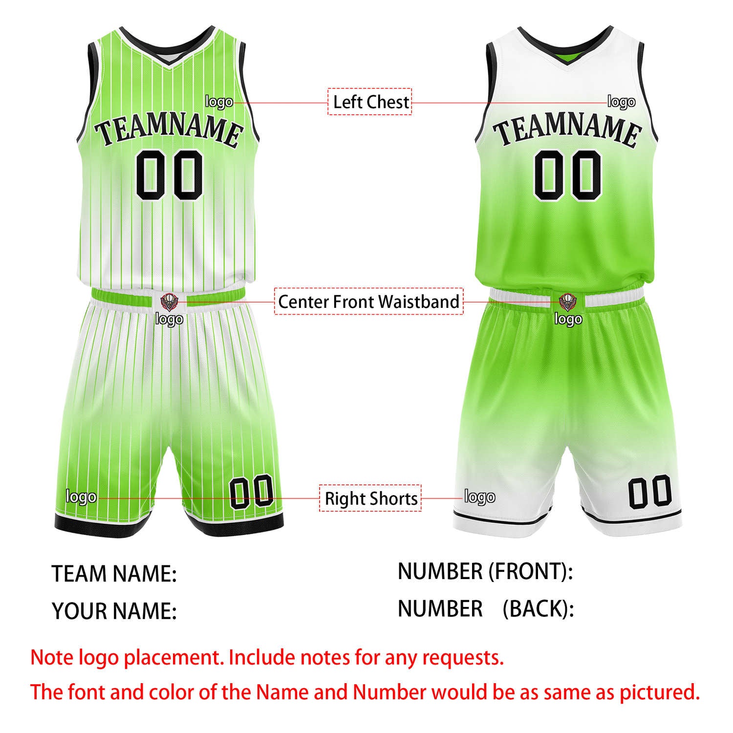 Custom Reversible Green White Gradient Striped Basketball Uniform Set | Team & Player Name - Vosoli