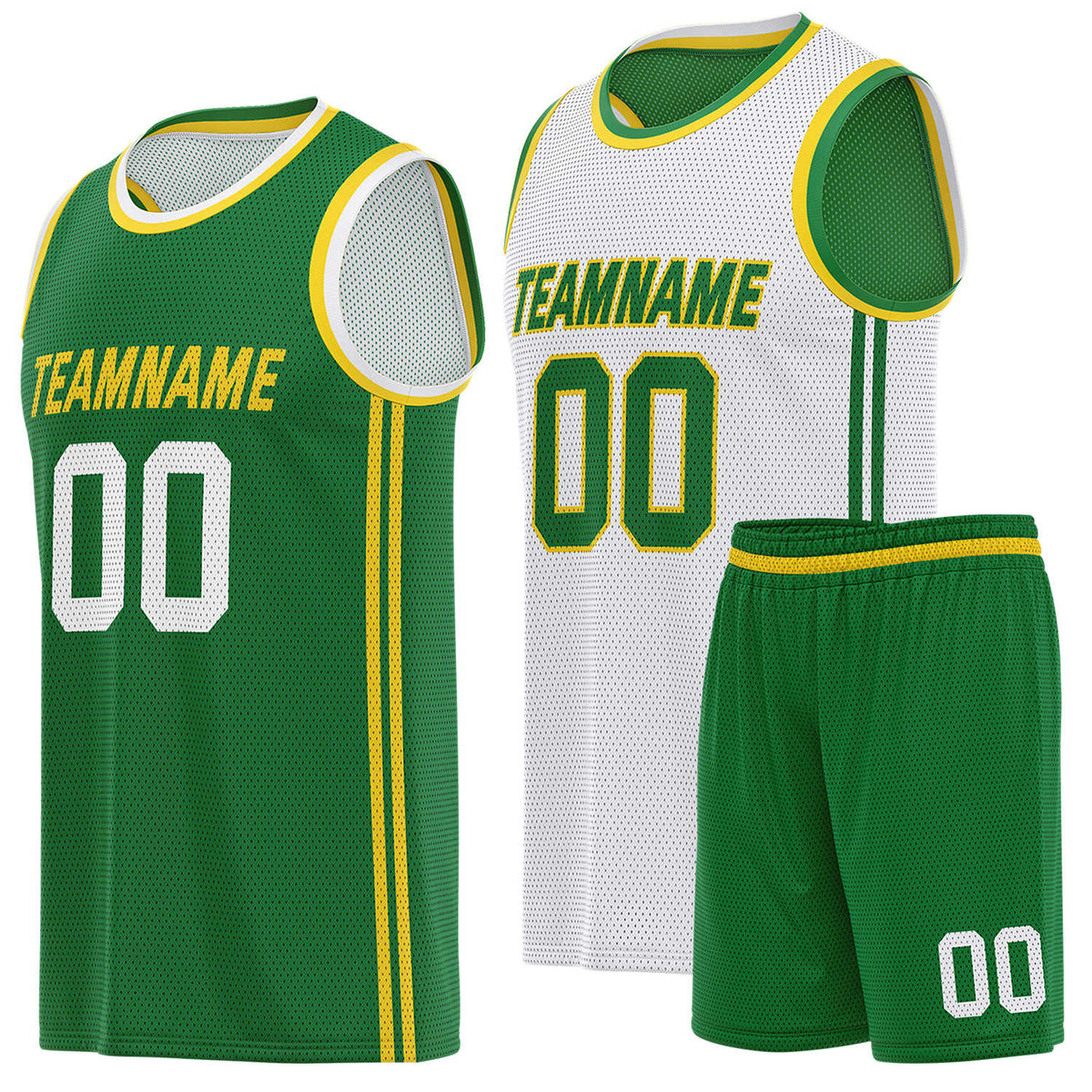 Custom reversible green &amp; white basketball uniform (jersey + shorts), personalized team name number logo breathable mesh sports set for men women youth game practice - Vosoli