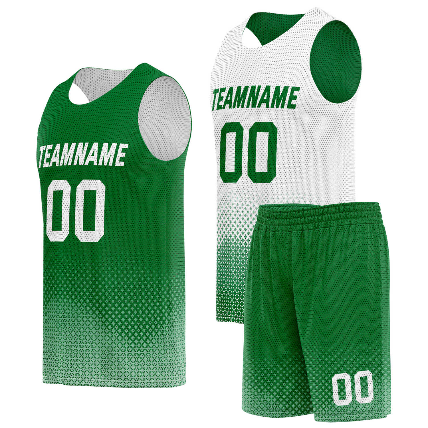 Custom reversible green white basketball uniform, personalized team name number logo breathable mesh sports set for men women youth game practice wear - Vosoli