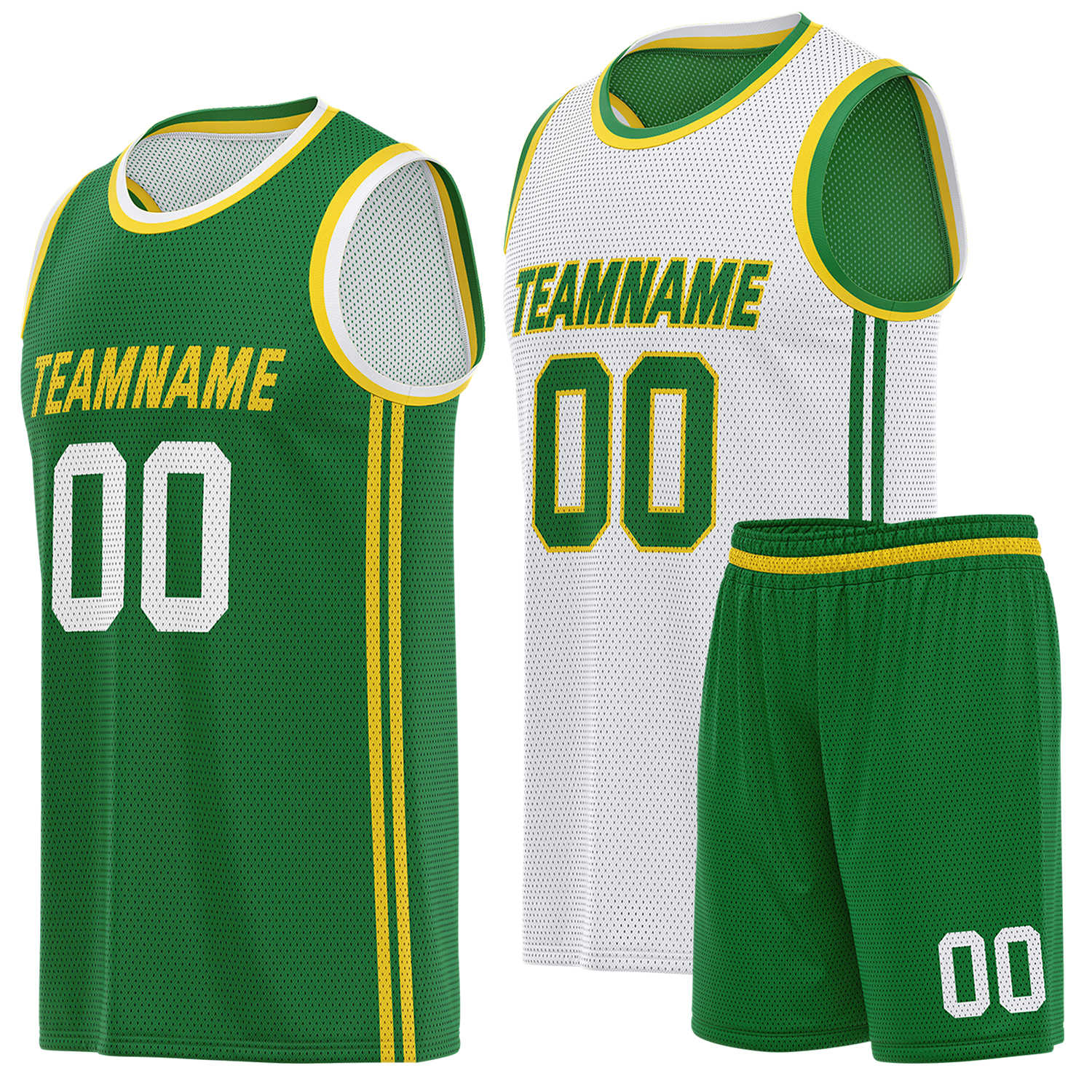 Custom reversible green & white basketball uniform (jersey + shorts), personalized team name number logo breathable mesh sports set for men women youth game practice - Vosoli