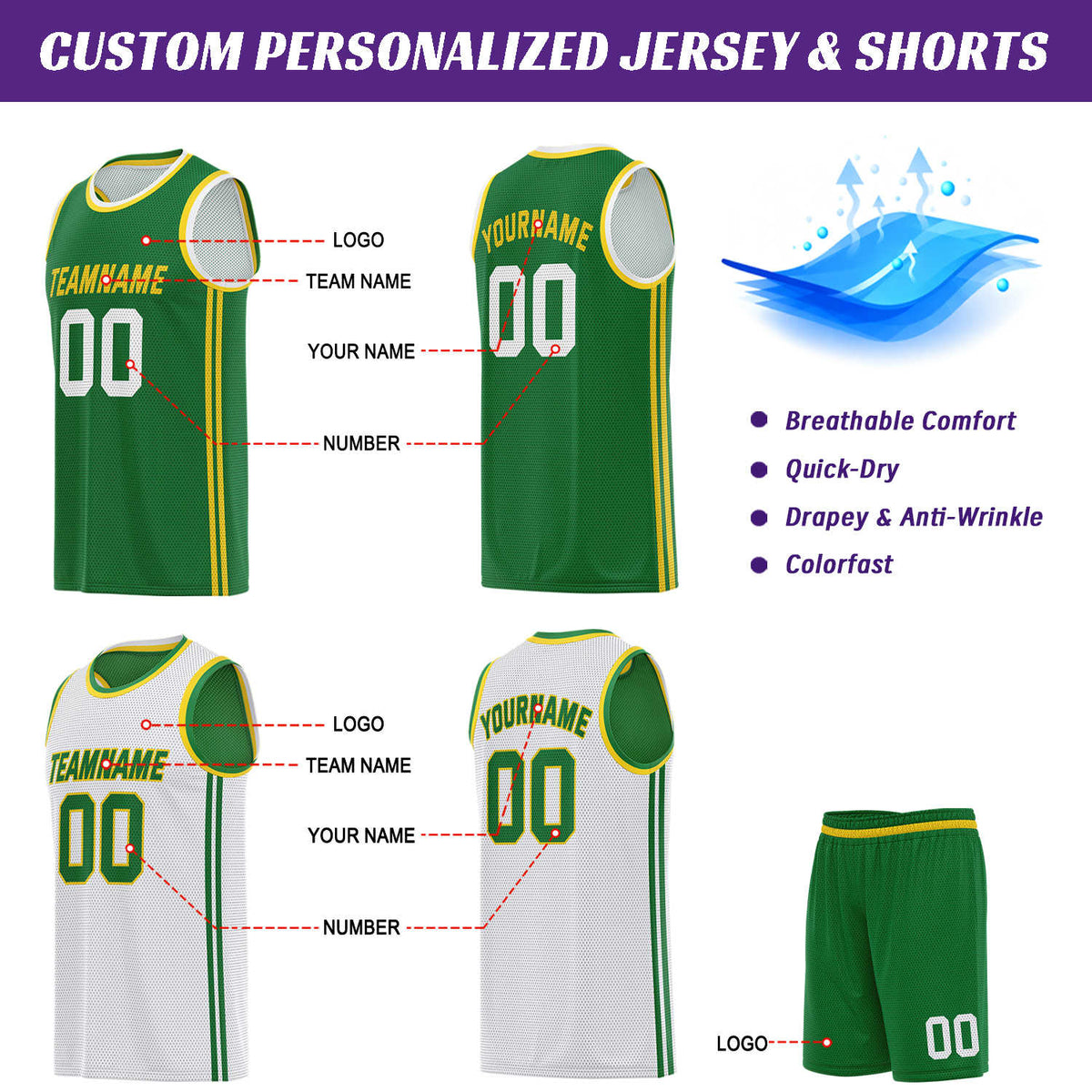 Custom Reversible Green & White Basketball Uniform | Jersey & Shorts Set - Vosoli