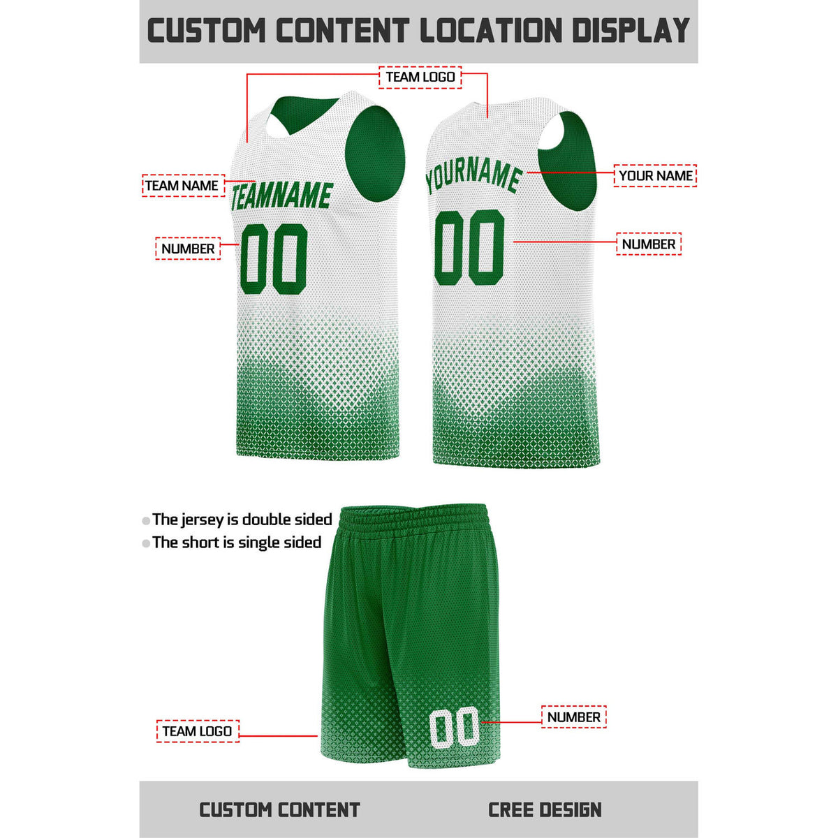 Custom Reversible Green White Basketball Uniform (Jersey + Shorts) | Personalized Team Set | Vosoli