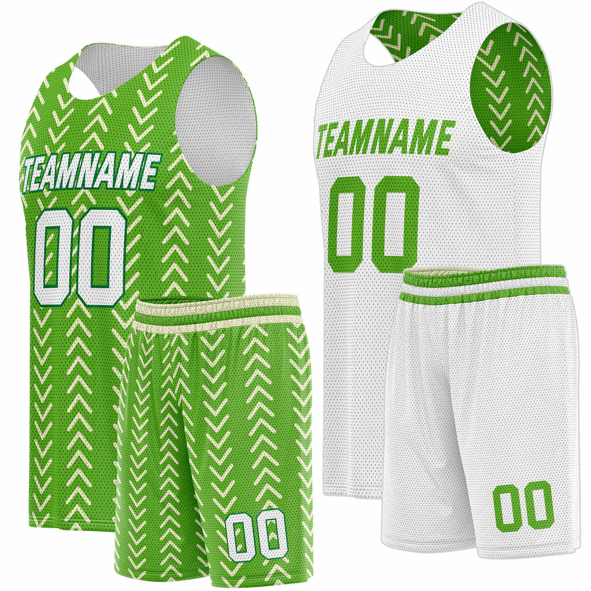 Custom Reversible Basketball Jersey + Shorts Set (Green &amp; White Chevron) - Personalized Team Name, Number &amp; LOGO | Vosoli