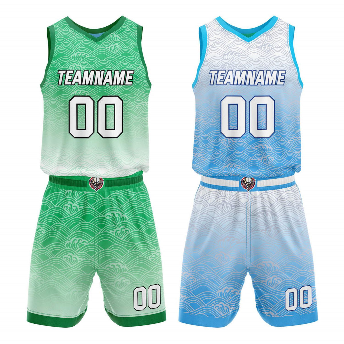 Custom Reversible Basketball Jersey + Shorts Set (Green-White &amp; Blue Gradient Wave) - Personalized Team Name, Number &amp; LOGO | Vosoli