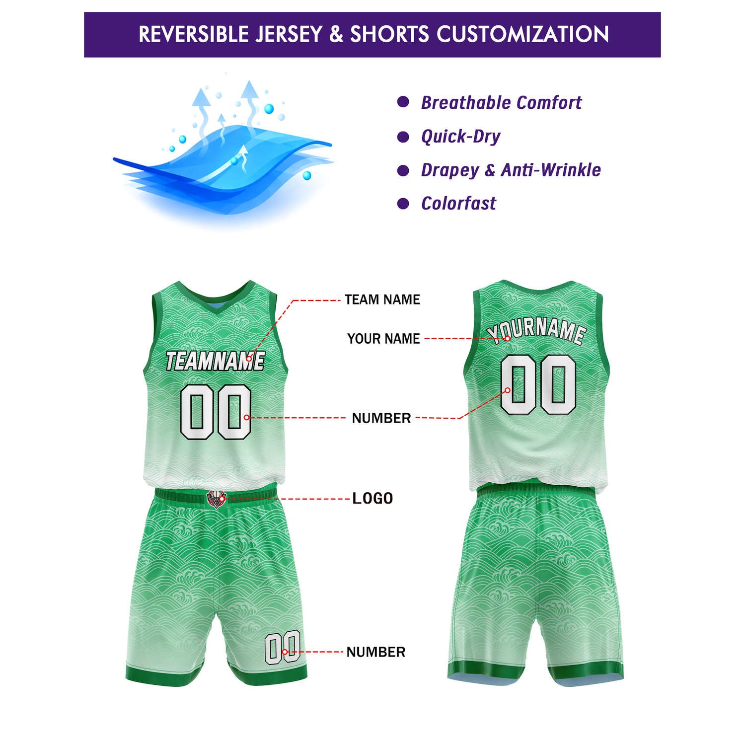 Custom Reversible Basketball Jersey + Shorts Set (Green-White & Blue Gradient Wave) - Personalized Team Name, Number & LOGO | Vosoli