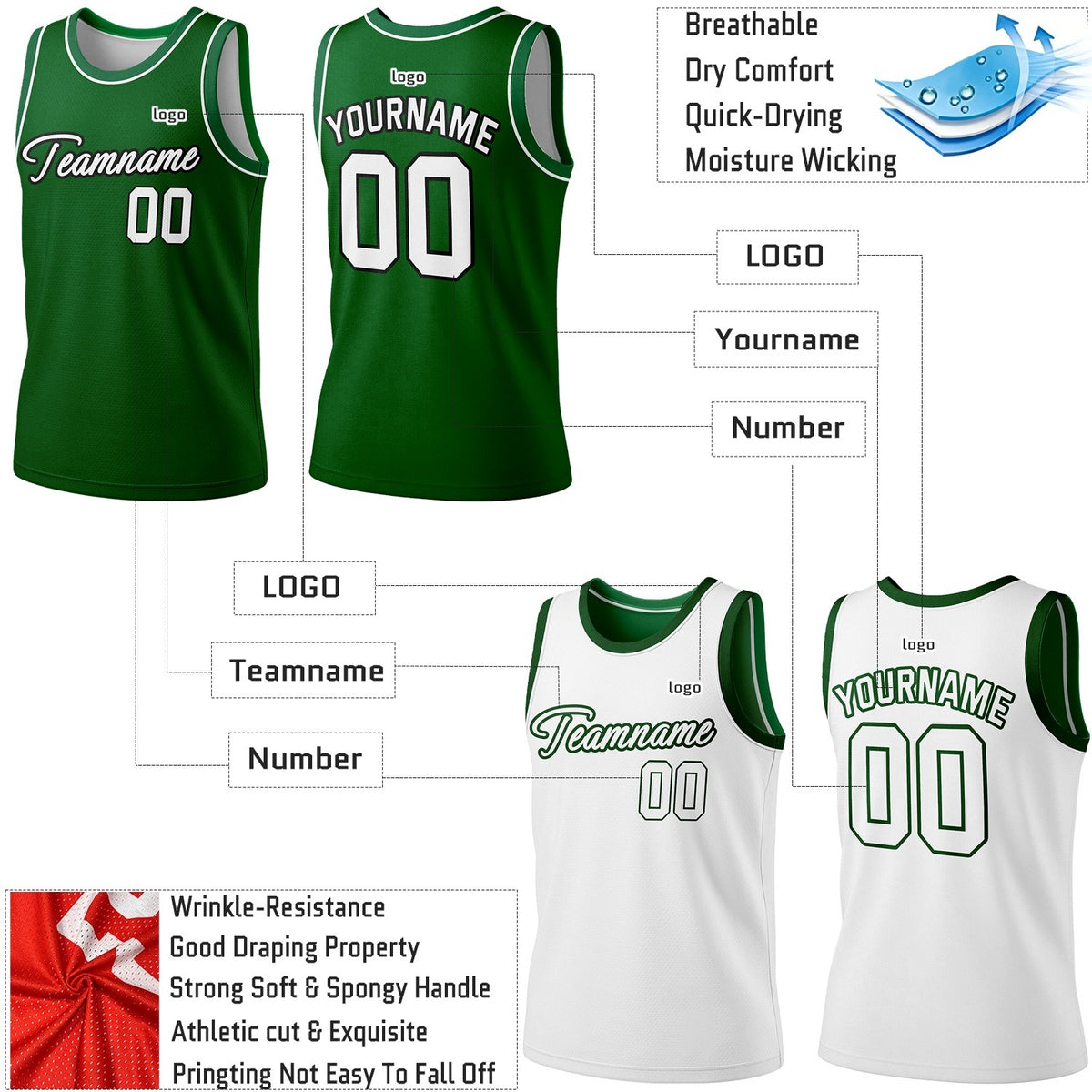 Custom Reversible Green & White Basketball Jersey | Personalized Team Jersey | Vosoli