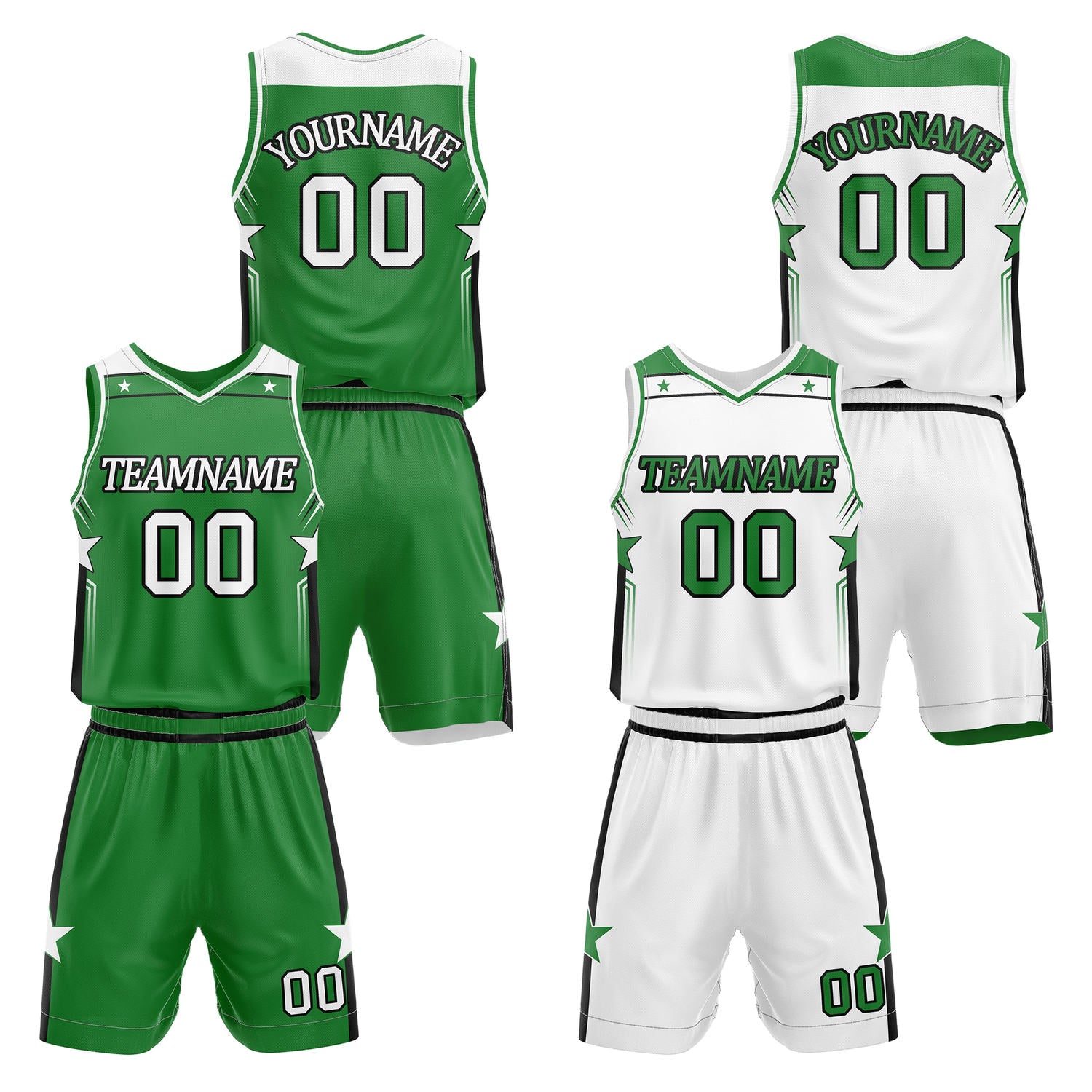 Custom reversible green & white basketball uniform set, personalized with team name number and logo, breathable mesh fabric for men women youth game practice - Vosoli
