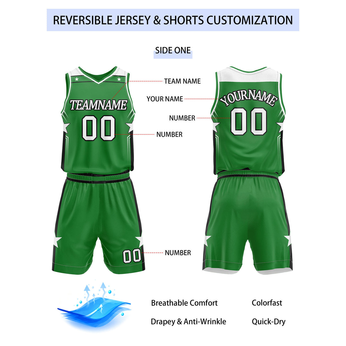 Custom Reversible Green White Star Basketball Uniform Set | Team Name & Number - Vosoli