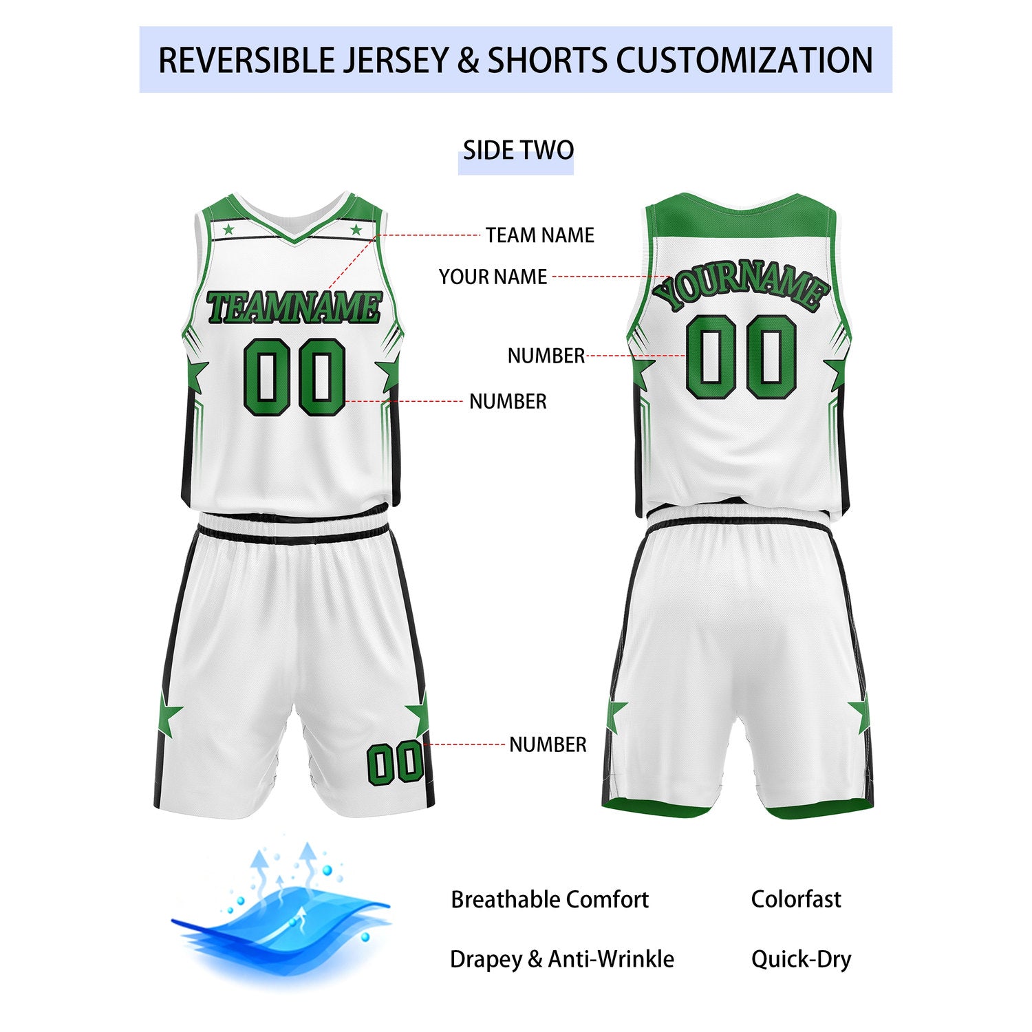 Custom Reversible Green White Star Basketball Uniform Set | Team Name & Number - Vosoli