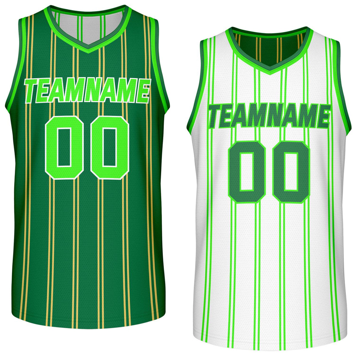Custom Reversible Green White Striped Basketball Jersey | Team Name &amp; Number - Vosoli