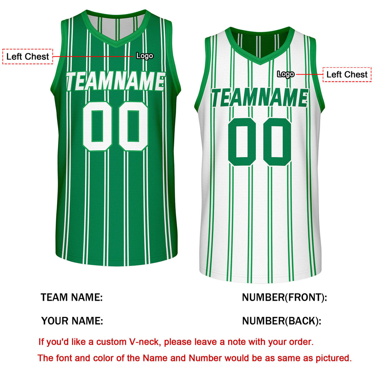 Custom Reversible Green White Striped Basketball Jersey | Team Name & Number - Vosoli