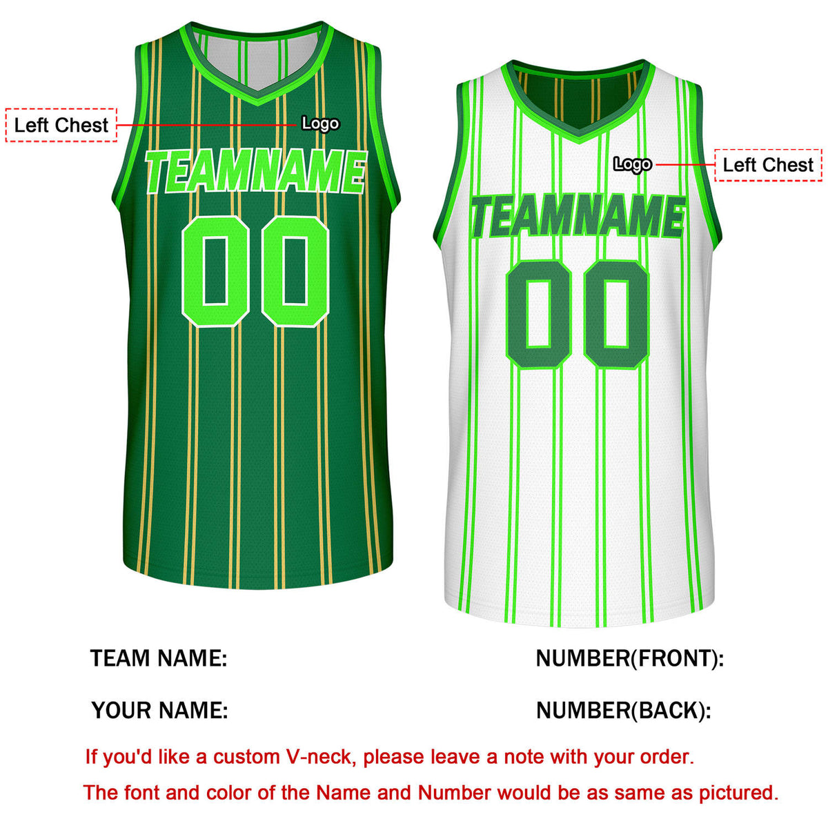 Custom Reversible Green White Striped Basketball Jersey | Team Name & Number - Vosoli